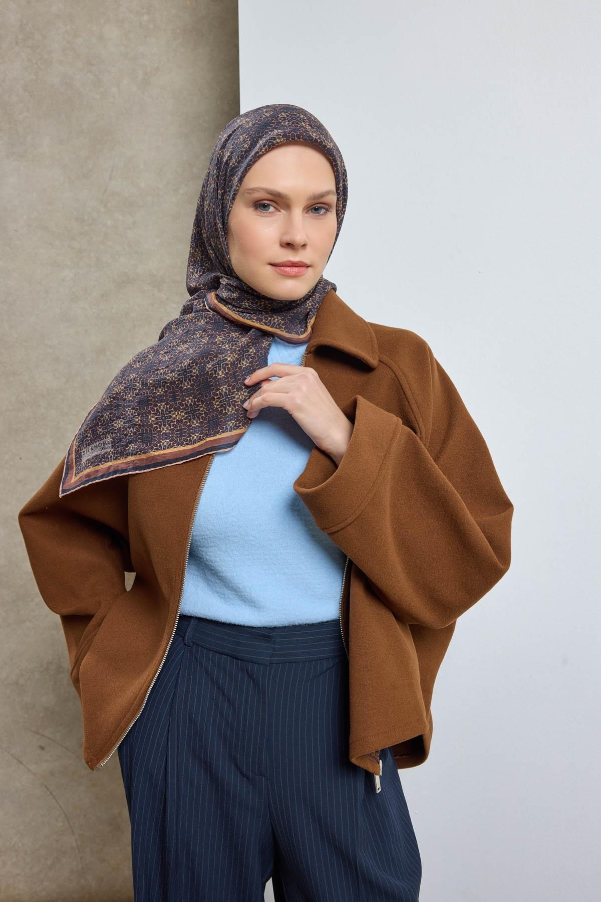Tencel Monare Eşarp Geometrik Motif Desen Lacivert 90X90
