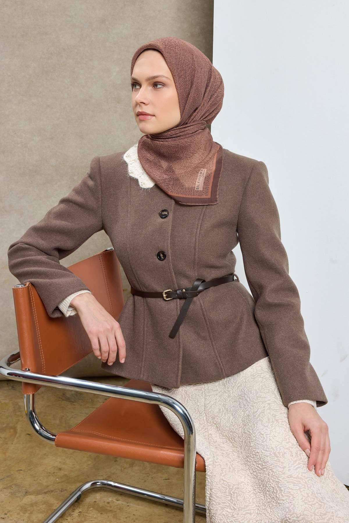 Tencel Monare Eşarp Labirent Desen Acı Kahve 90X90