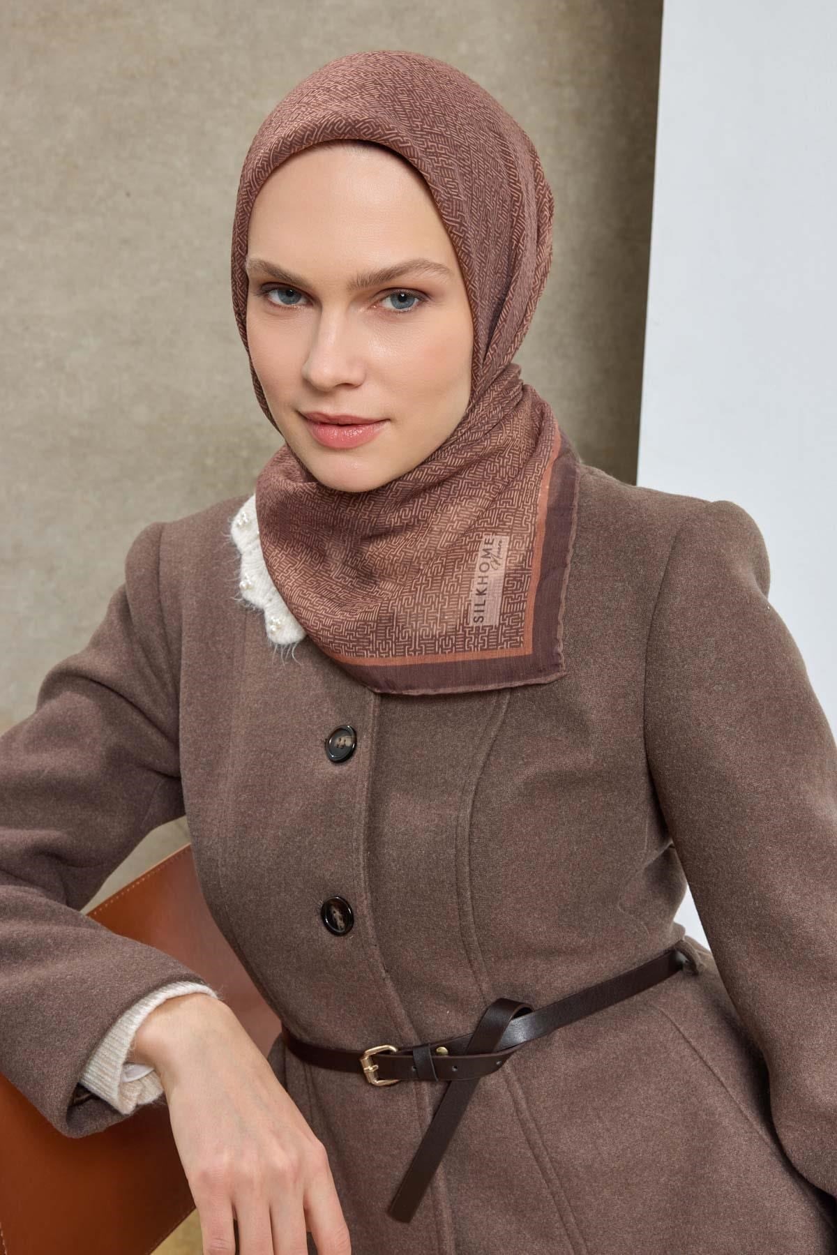 Tencel Monare Eşarp Labirent Desen Acı Kahve 90X90