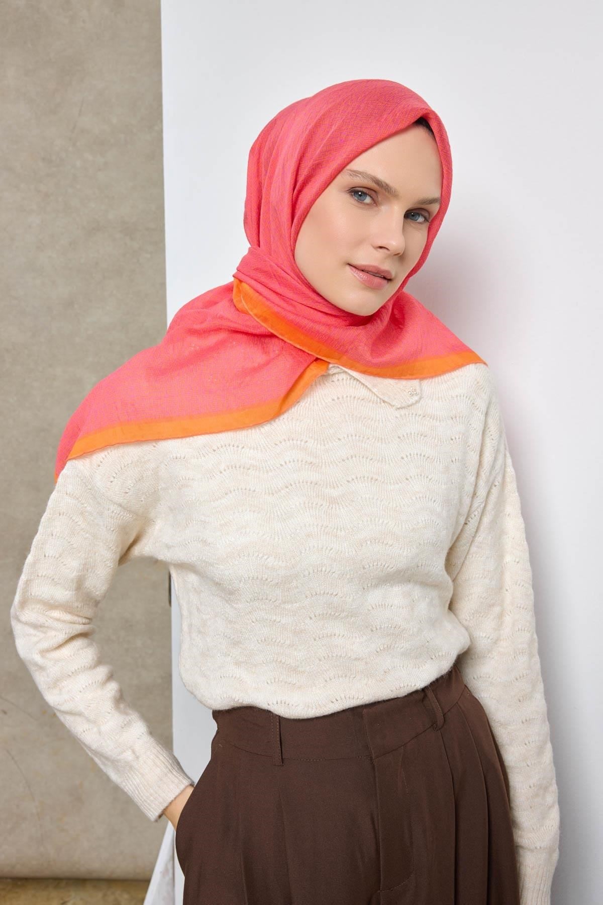 Tencel Monare Eşarp Labirent Desen Fuşya 90X90