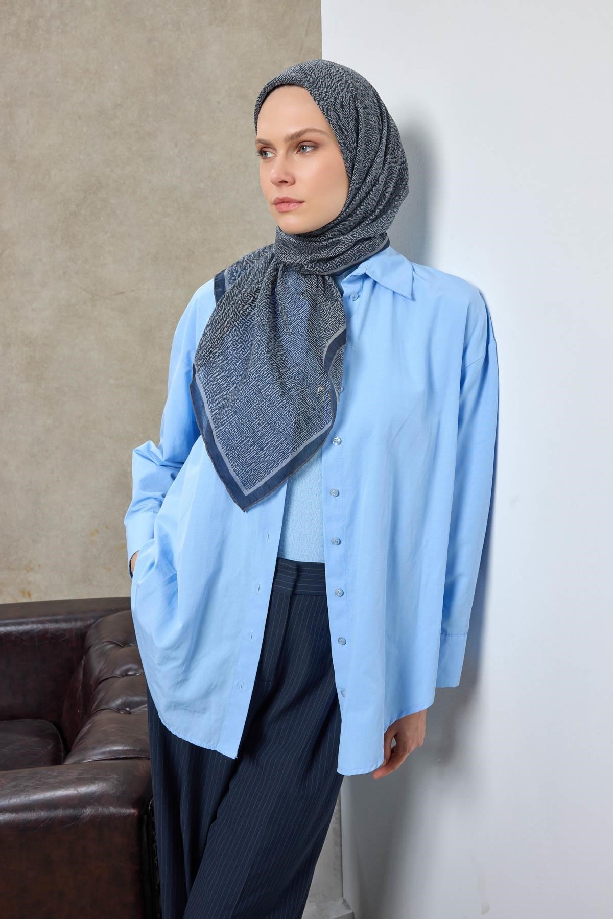Tencel Monare Eşarp Labirent Desen Gece Mavisi 90X90