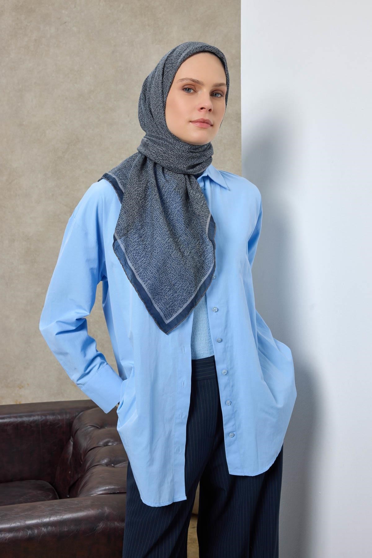 Tencel Monare Eşarp Labirent Desen Gece Mavisi 90X90