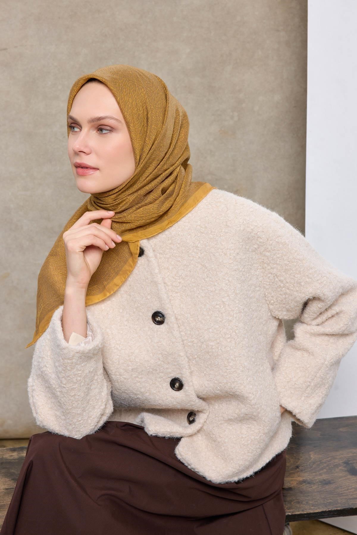 Tencel Monare Eşarp Labirent Desen Hardal Sarısı 90X90