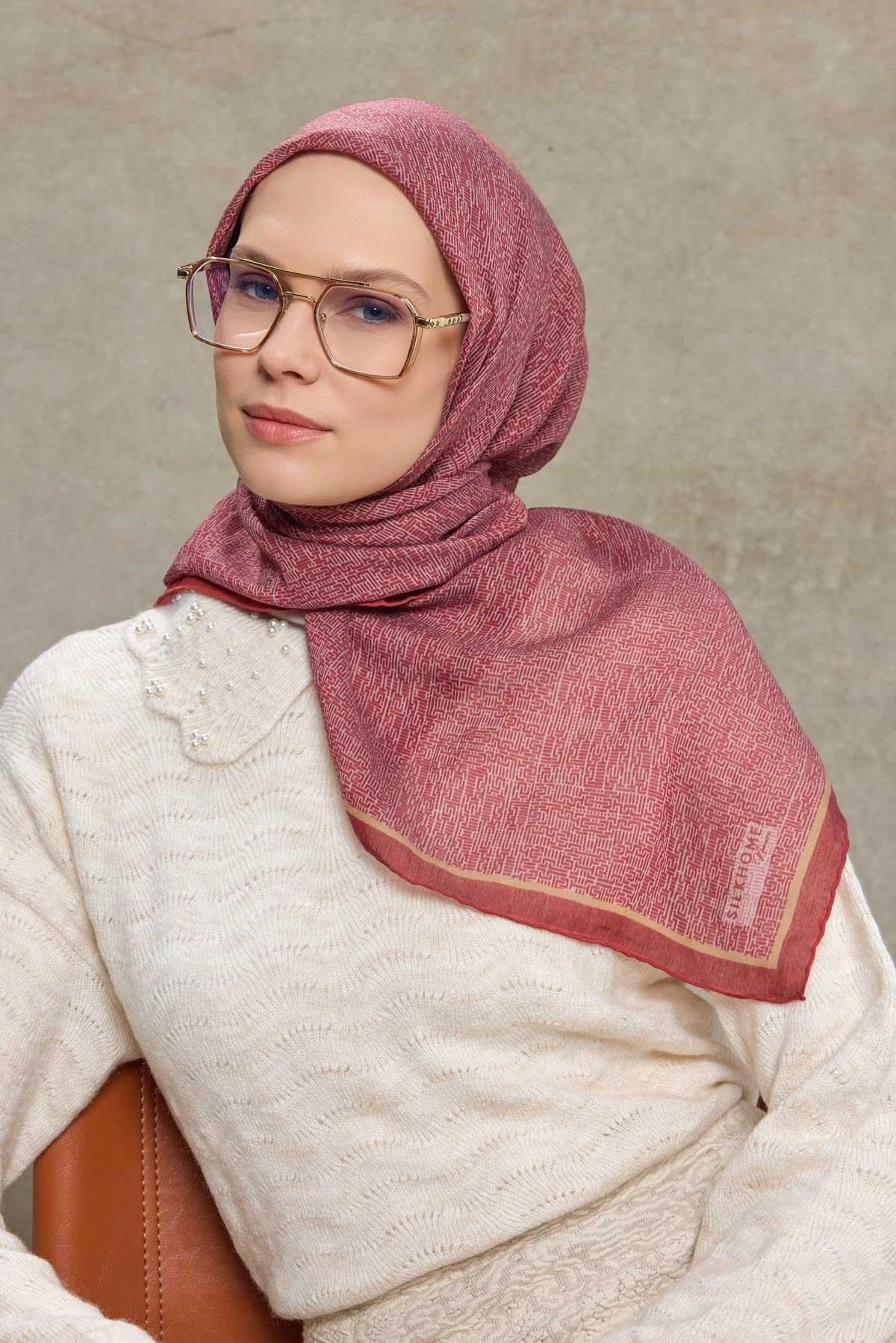 Tencel Monare Eşarp Labirent Desen Koyu Kırmızı 90X90