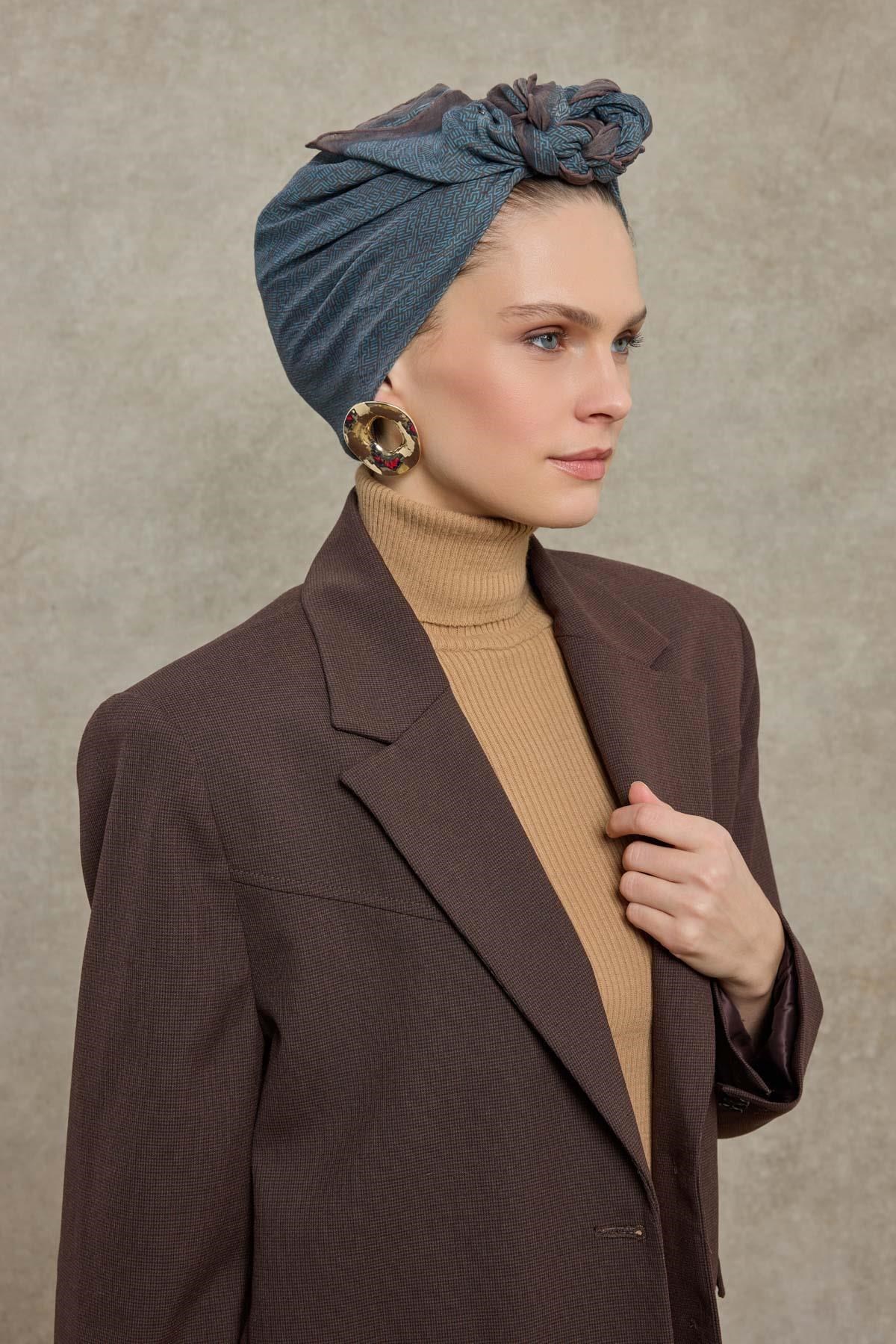 Tencel Monare Eşarp Labirent Desen Petrol Mavisi 90X90