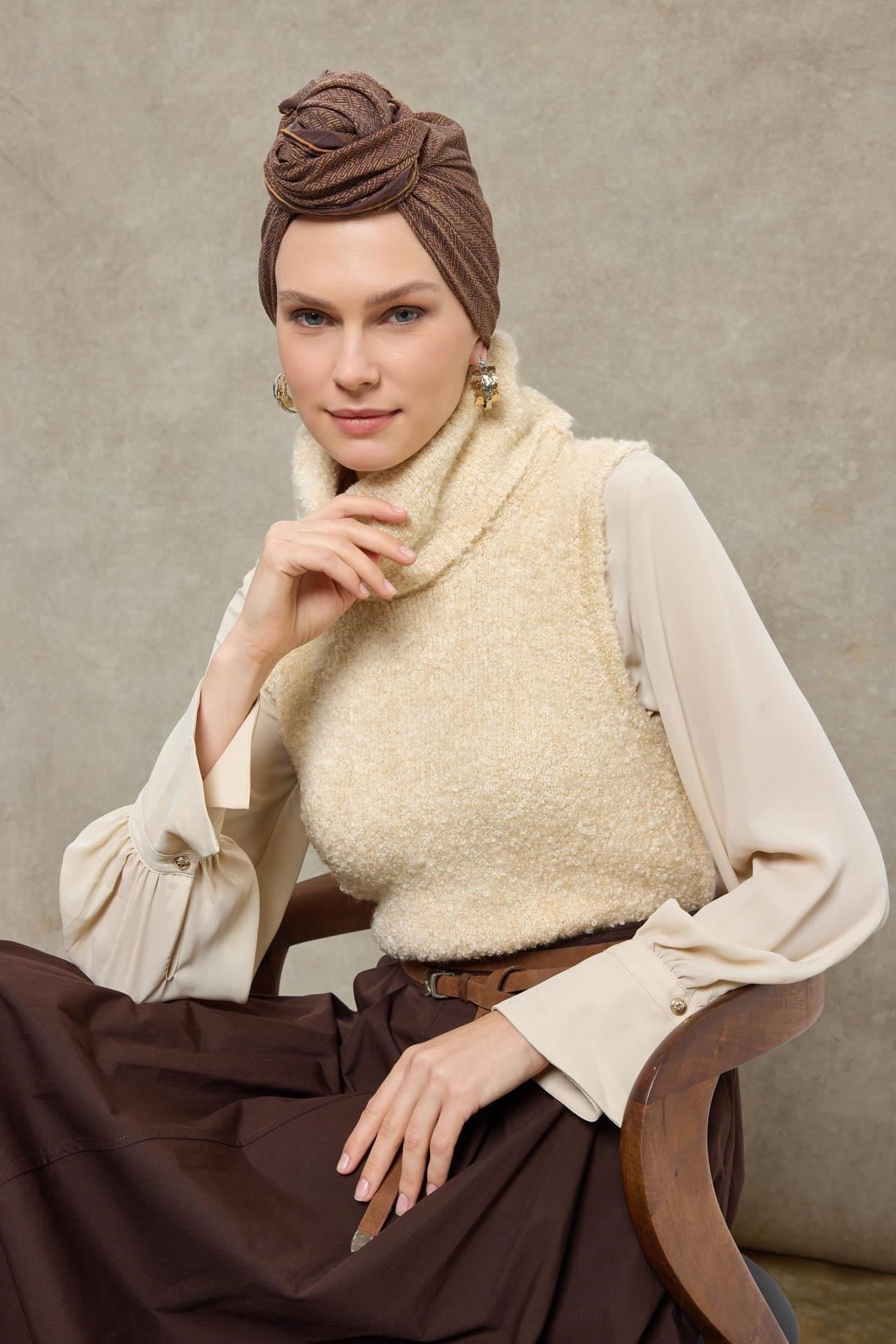 Tencel Monare Eşarp Labirent Desen Taba 90X90