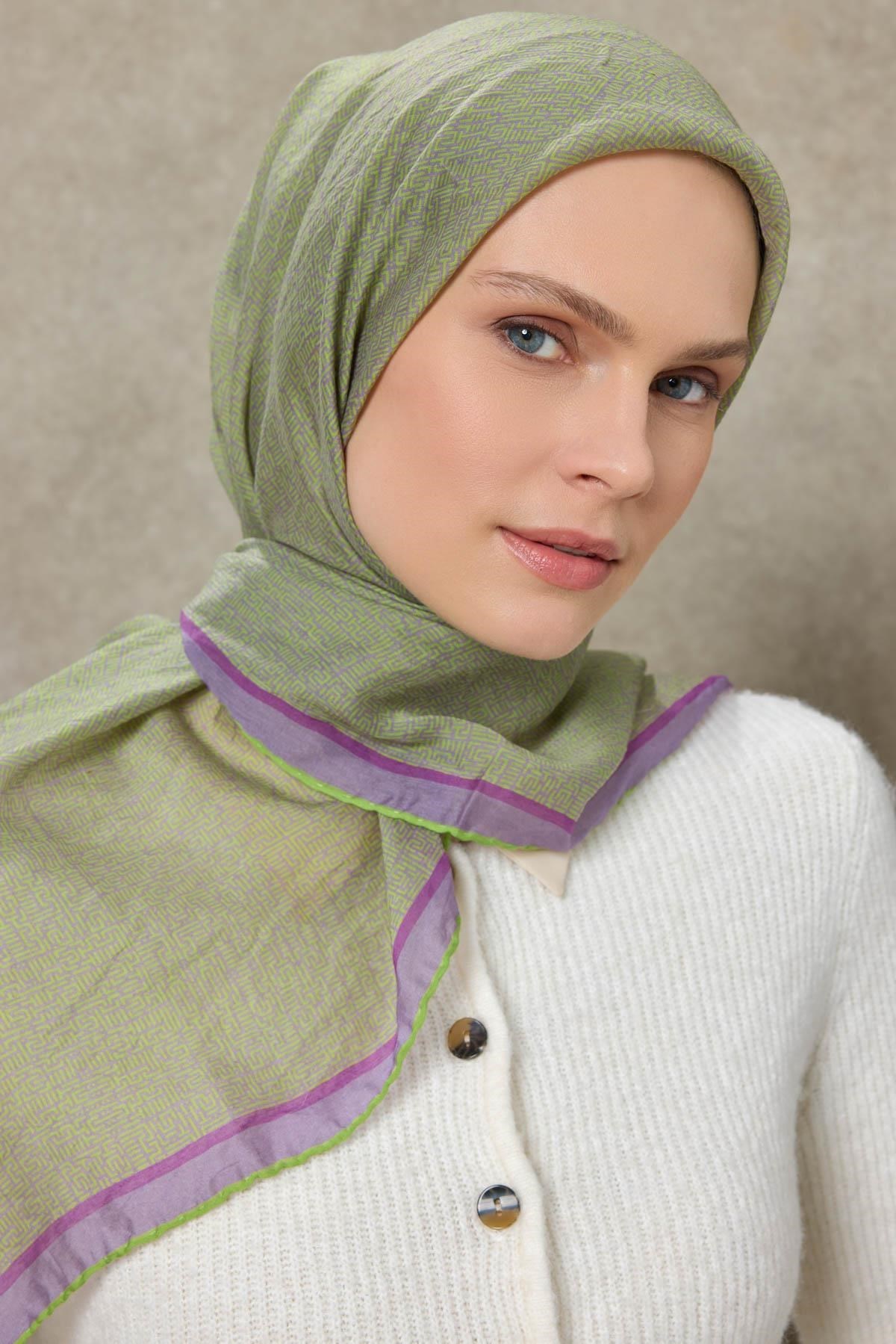 Tencel Monare Eşarp Labirent Desen Yeşil 90X90