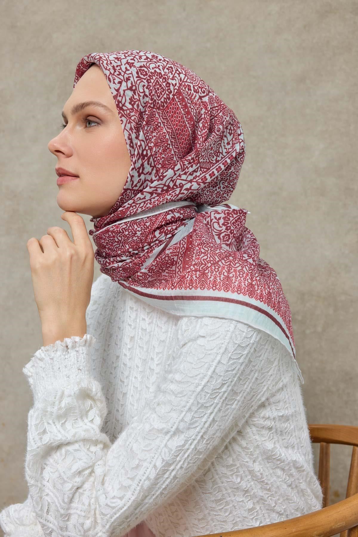 Tencel Monare Eşarp Madalyon Desen Açık  Gri 90X90