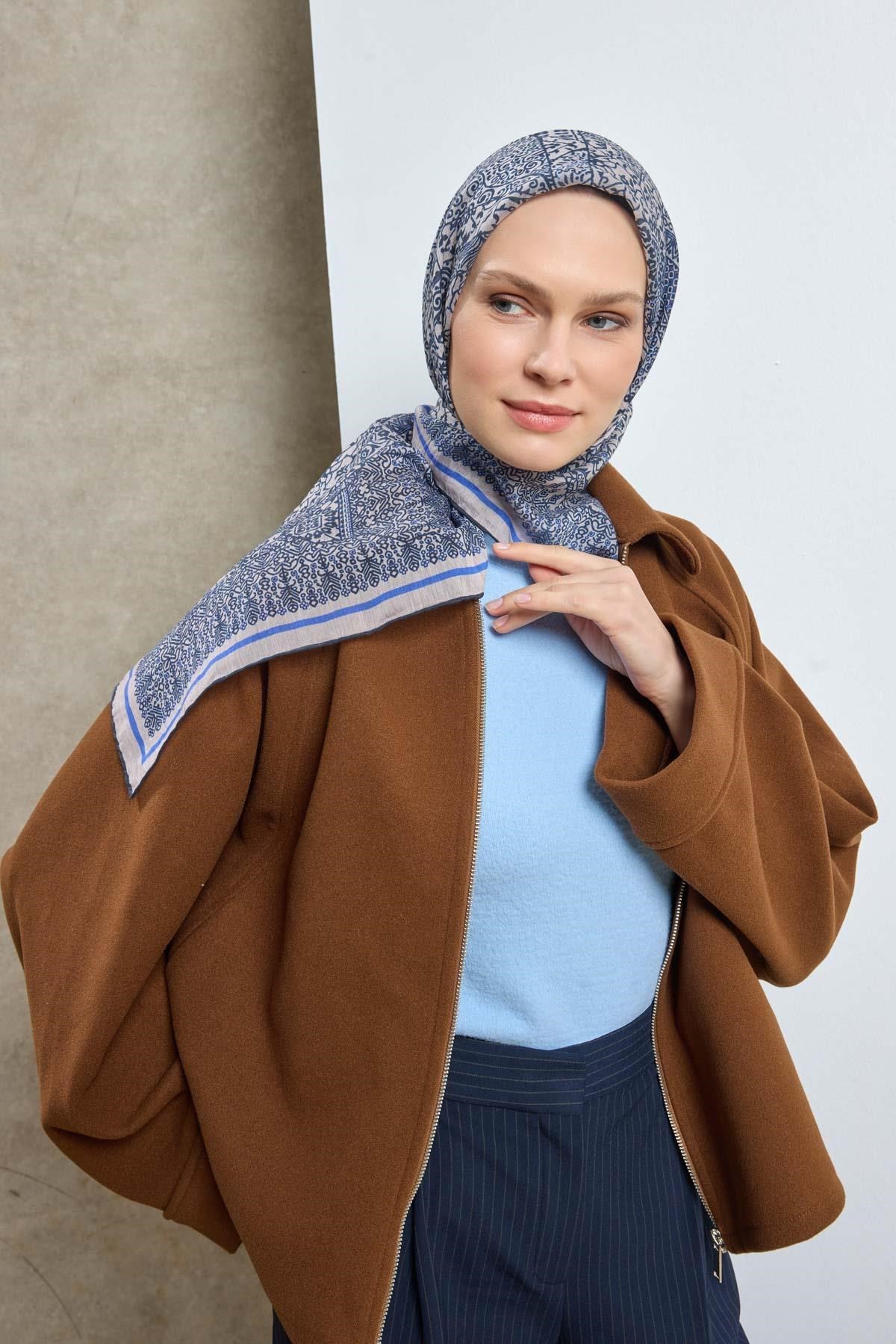 Tencel Monare Eşarp Madalyon Desen Ekru 90X90