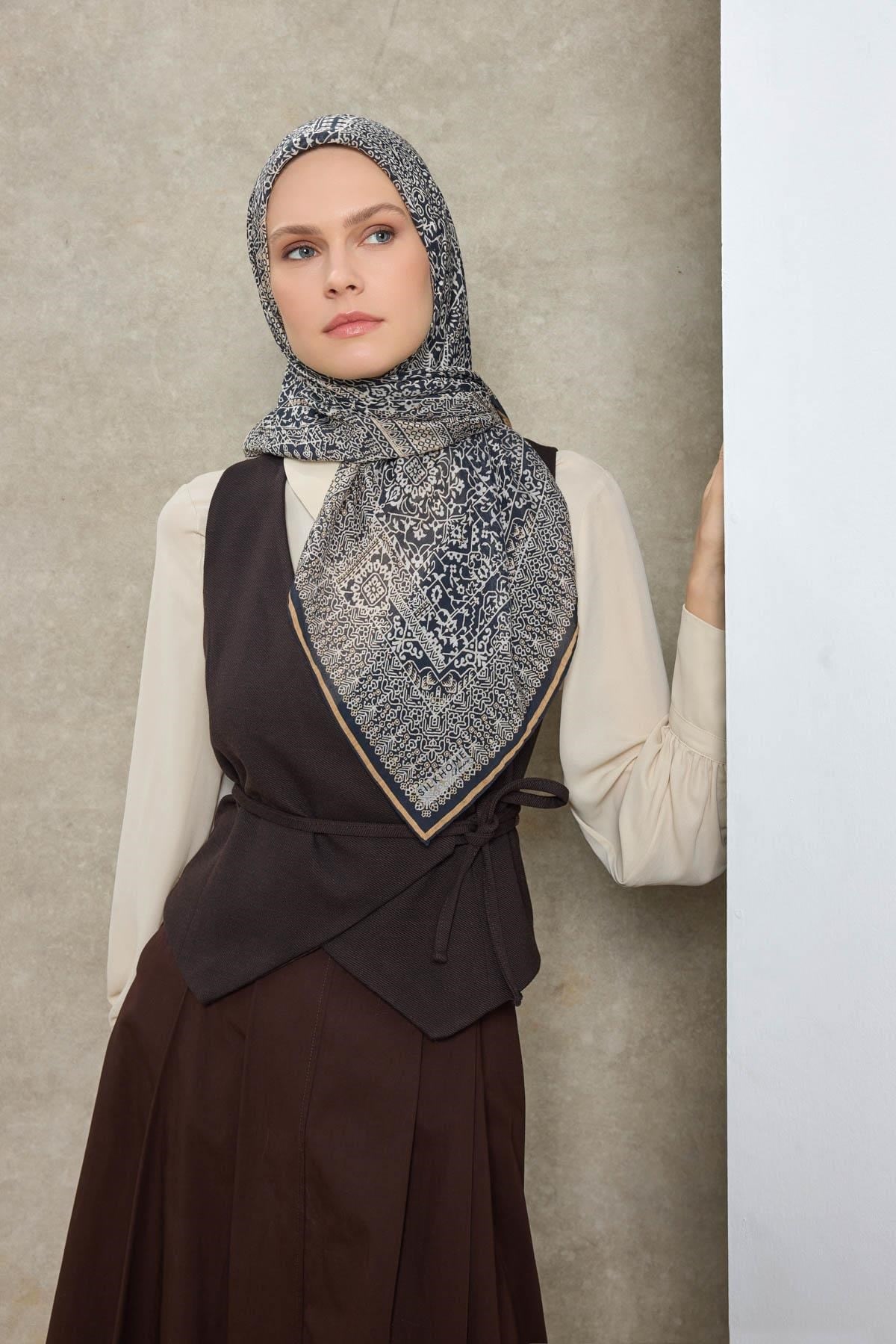 Tencel Monare Eşarp Madalyon Desen Gece Mavisi 90X90