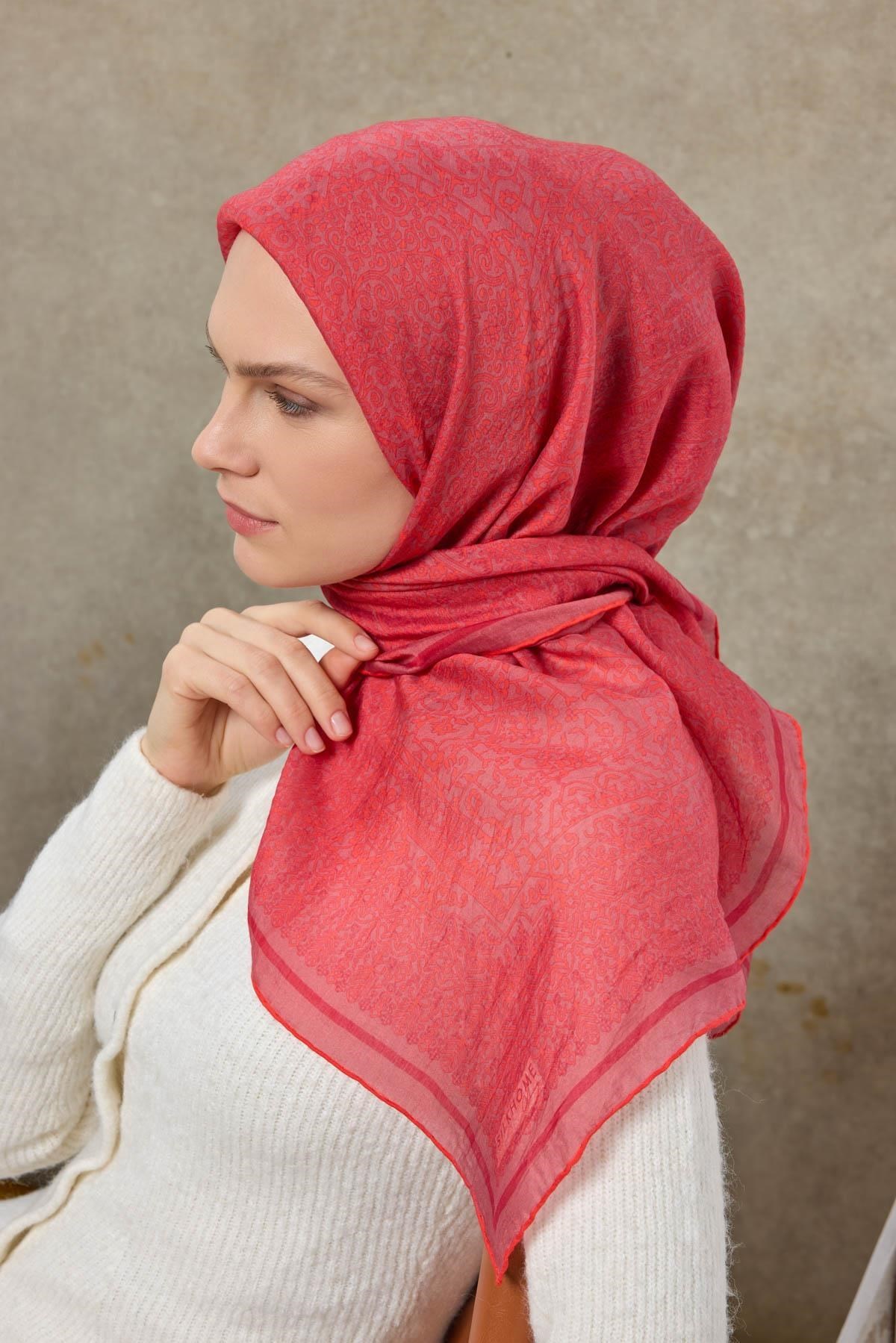 Tencel Monare Eşarp Madalyon Desen Gül Kurusu 90X90
