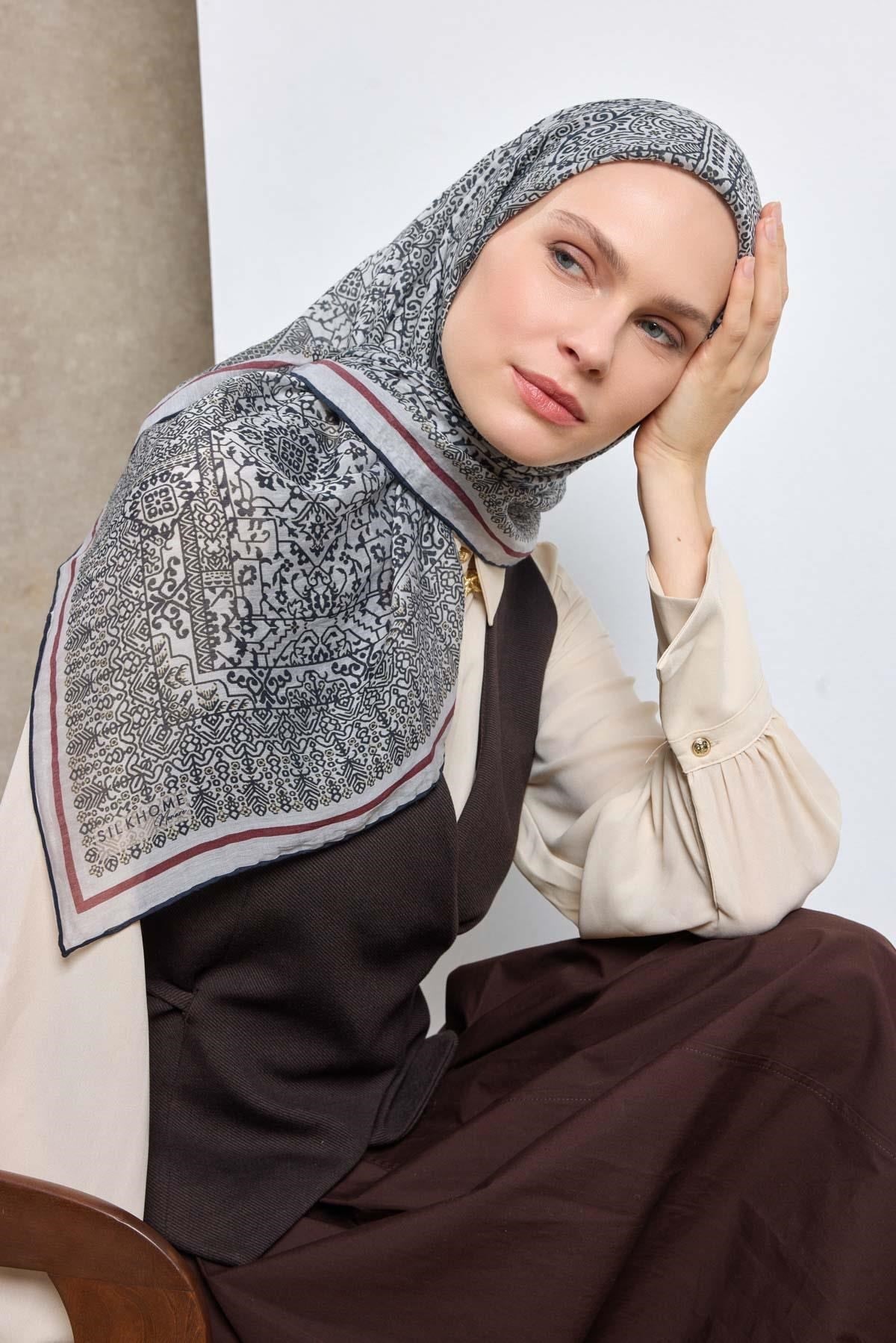 Tencel Monare Eşarp Madalyon Desen Gümüş 90X90