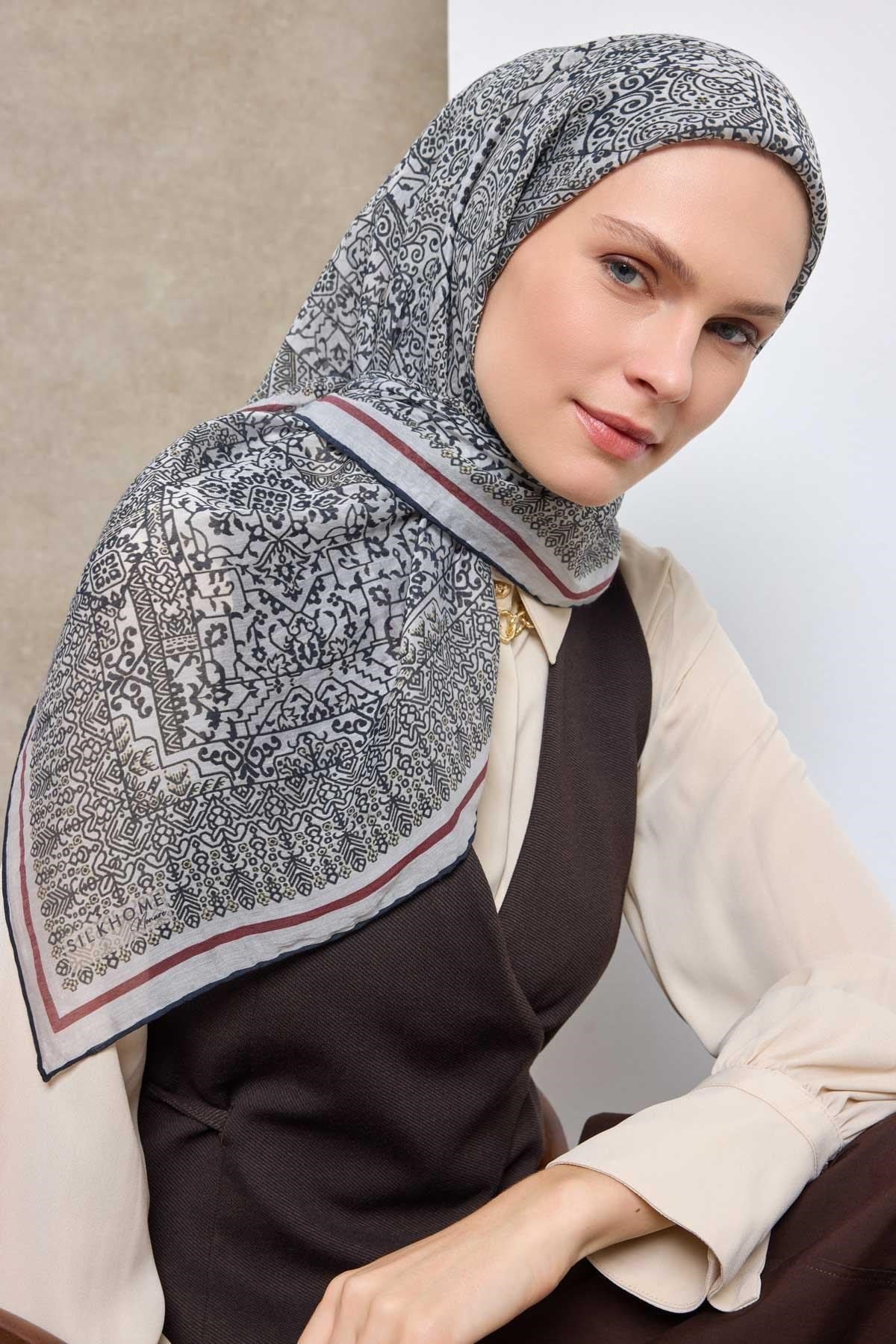 Tencel Monare Eşarp Madalyon Desen Gümüş 90X90