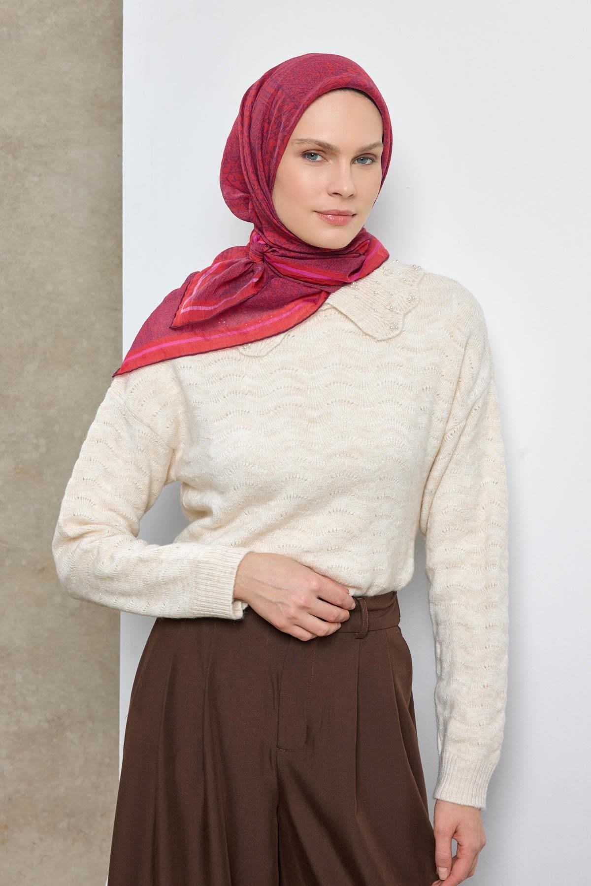 Tencel Monare Eşarp Madalyon Desen Kırmızı 90X90
