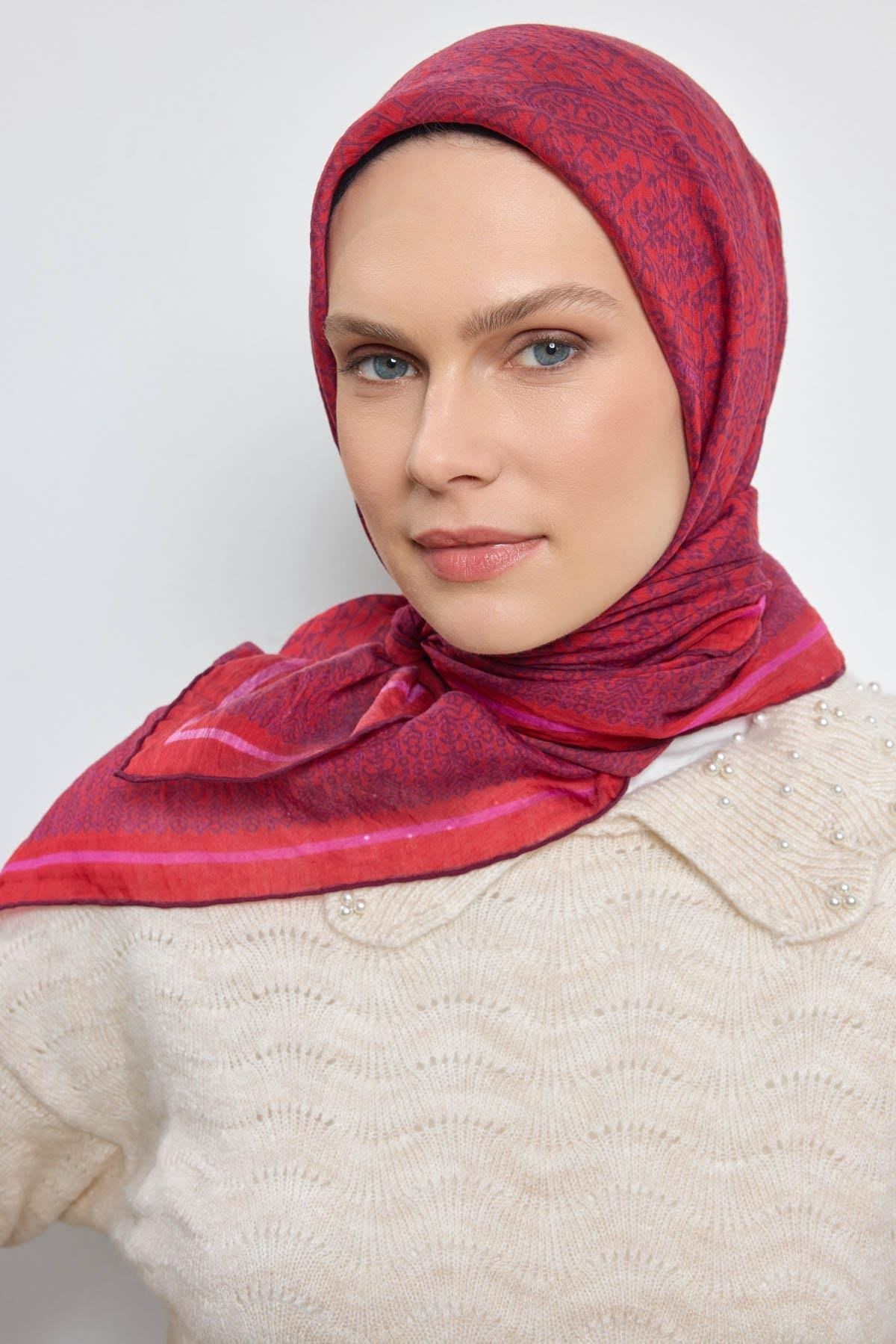 Tencel Monare Eşarp Madalyon Desen Kırmızı 90X90