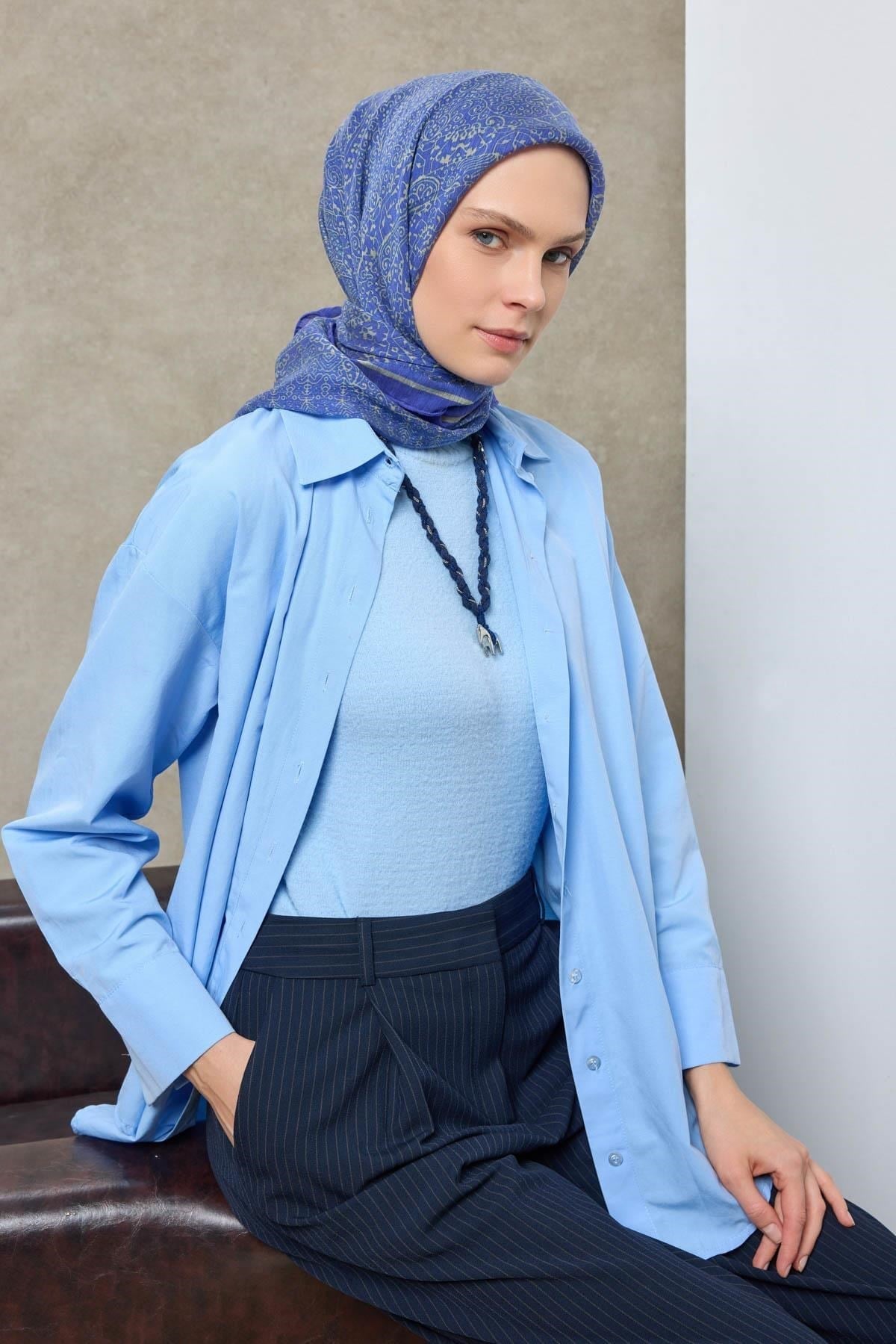 Tencel Monare Eşarp Madalyon Desen Mavi Mor 90X90