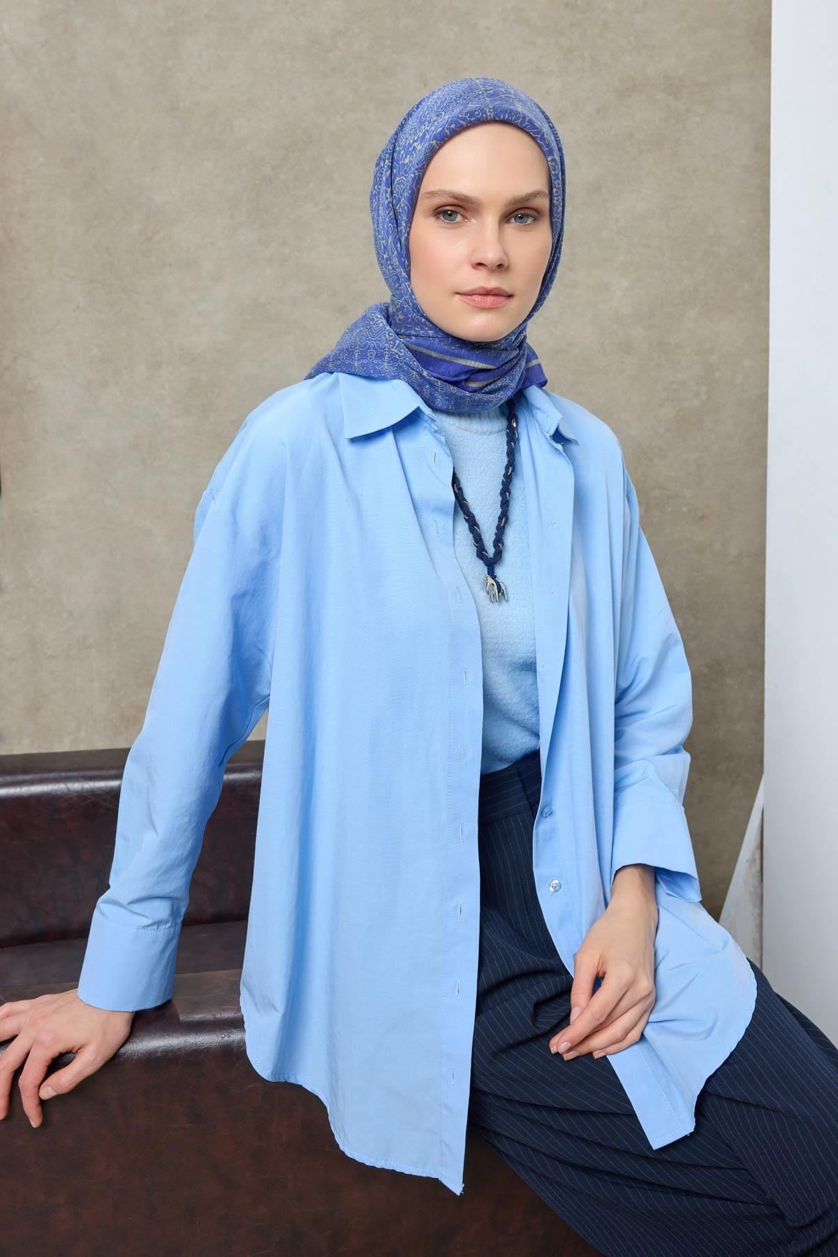 Tencel Monare Eşarp Madalyon Desen Mavi Mor 90X90