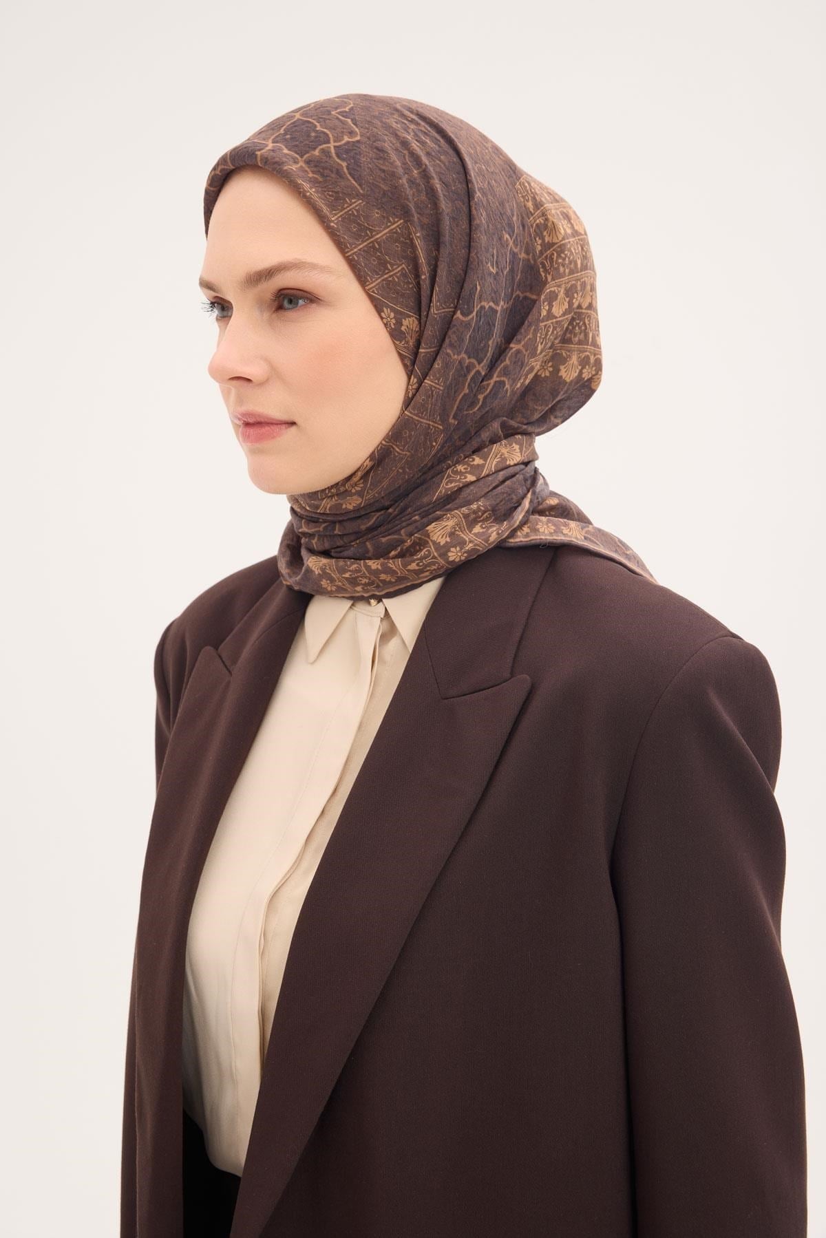 Tencel Monare Eşarp Osmanlı Desen Kahverengi 90X90