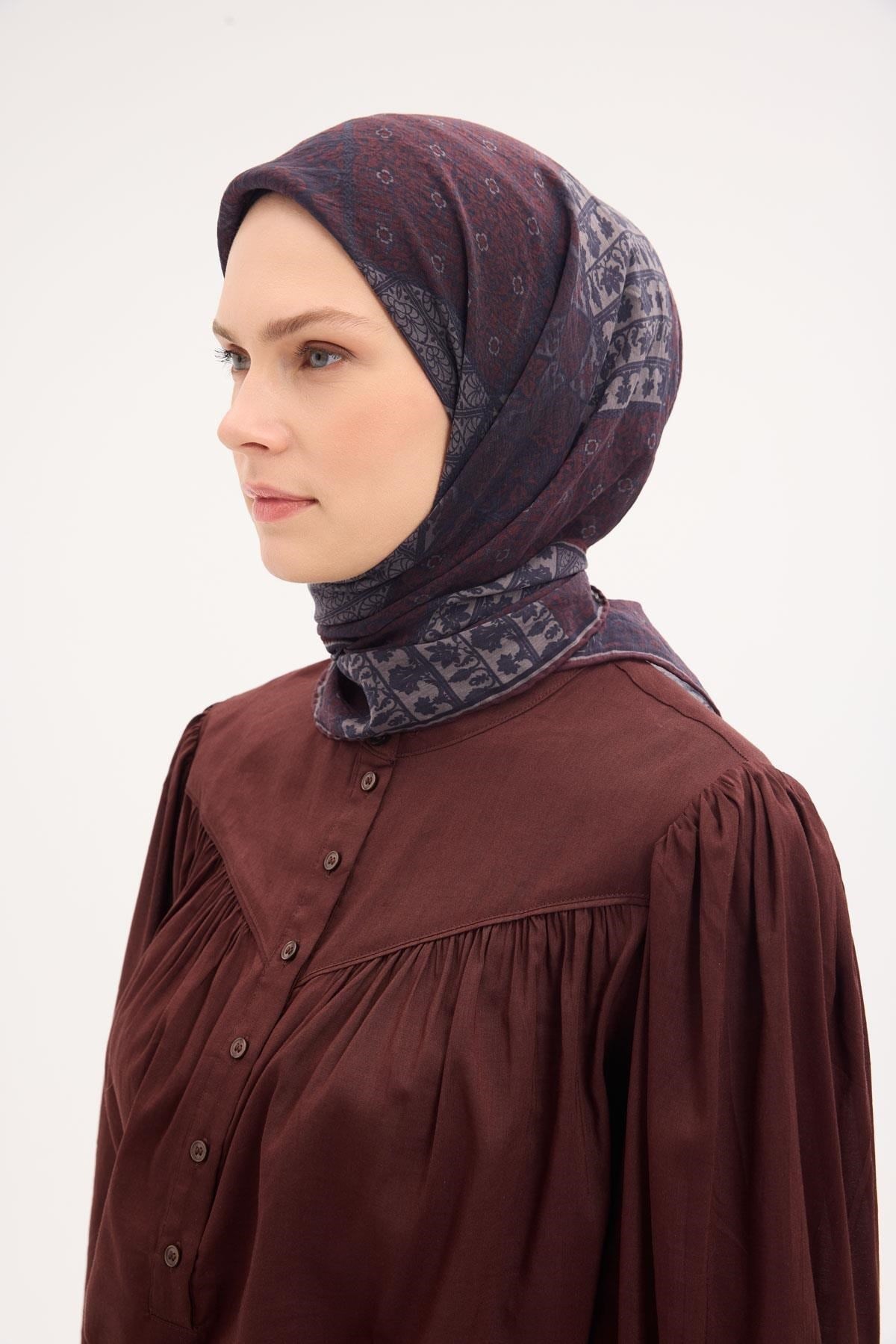 Tencel Monare Eşarp Osmanlı Desen Koyu Bordo 90X90