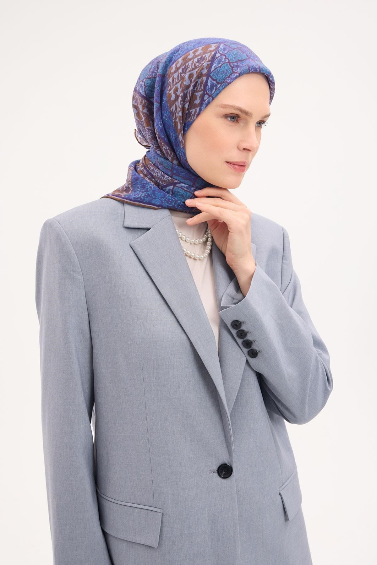 Tencel Monare Eşarp Osmanlı Desen Mavi 90X90