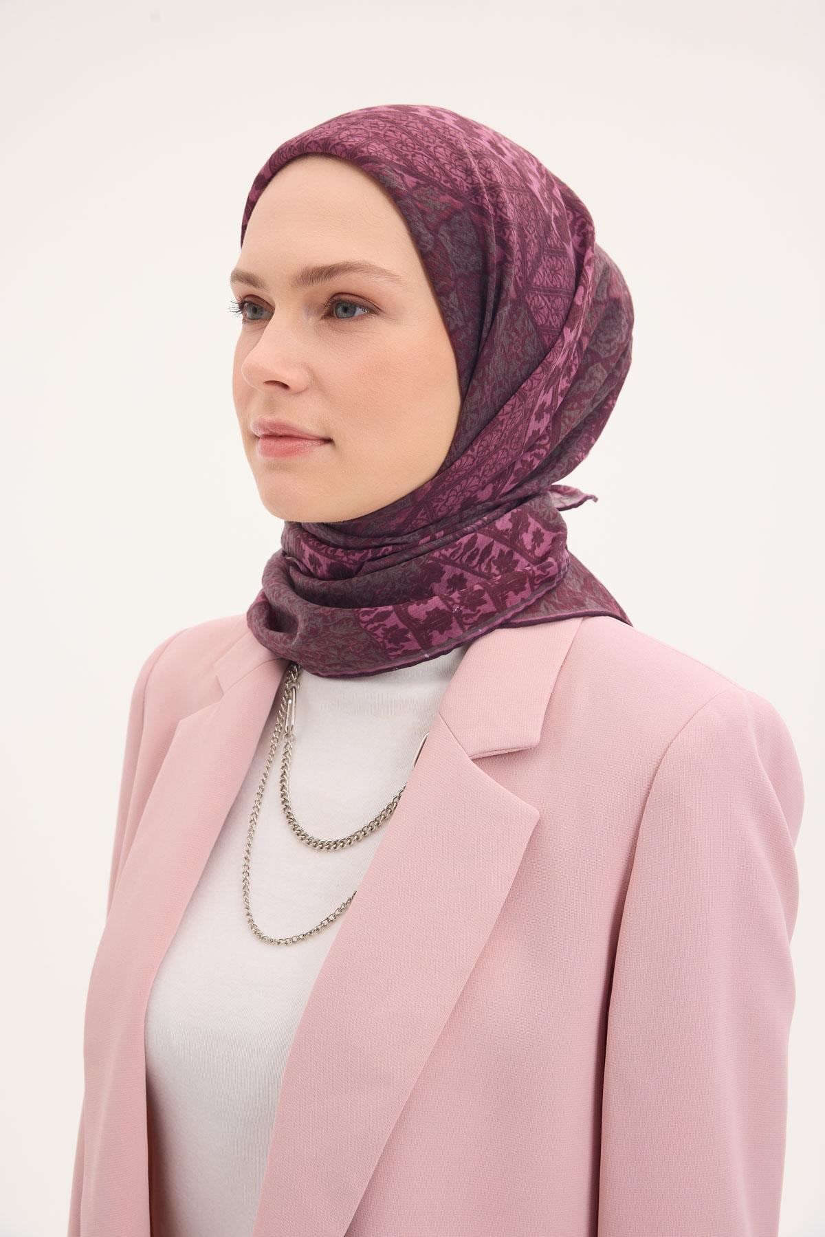 Tencel Monare Eşarp Osmanlı Desen Mürdüm 90X90