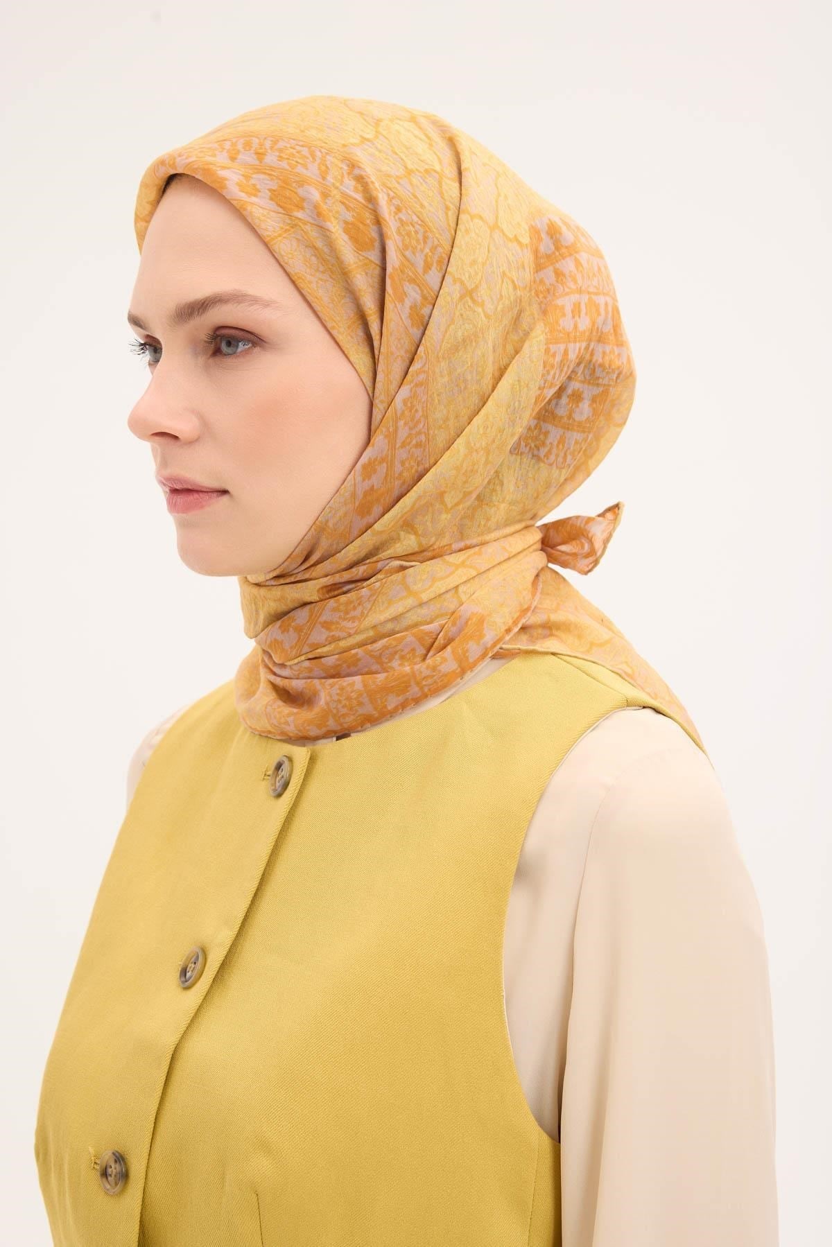 Tencel Monare Eşarp Osmanlı Desen Sarı Turuncu 90X