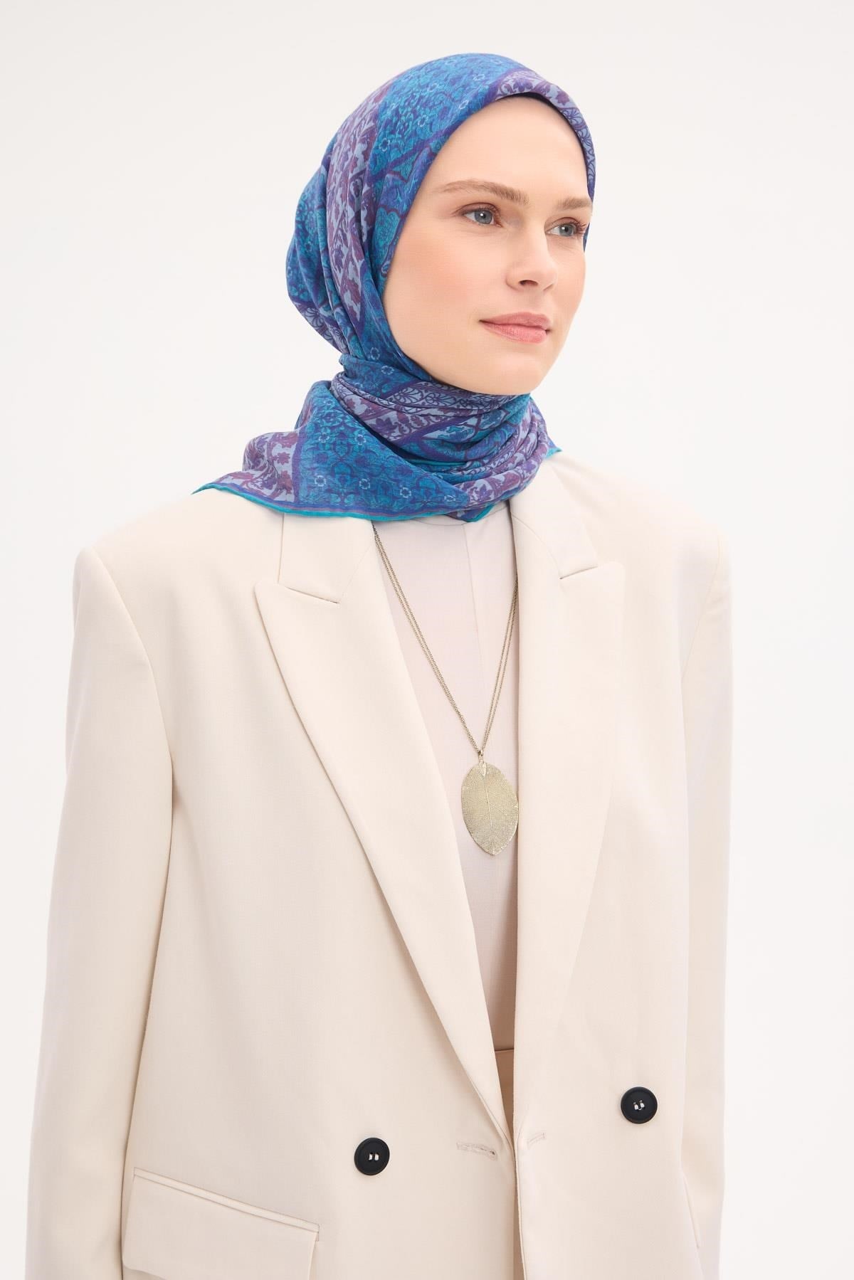 Tencel Monare Eşarp Osmanlı Desen Turkuaz 90X90