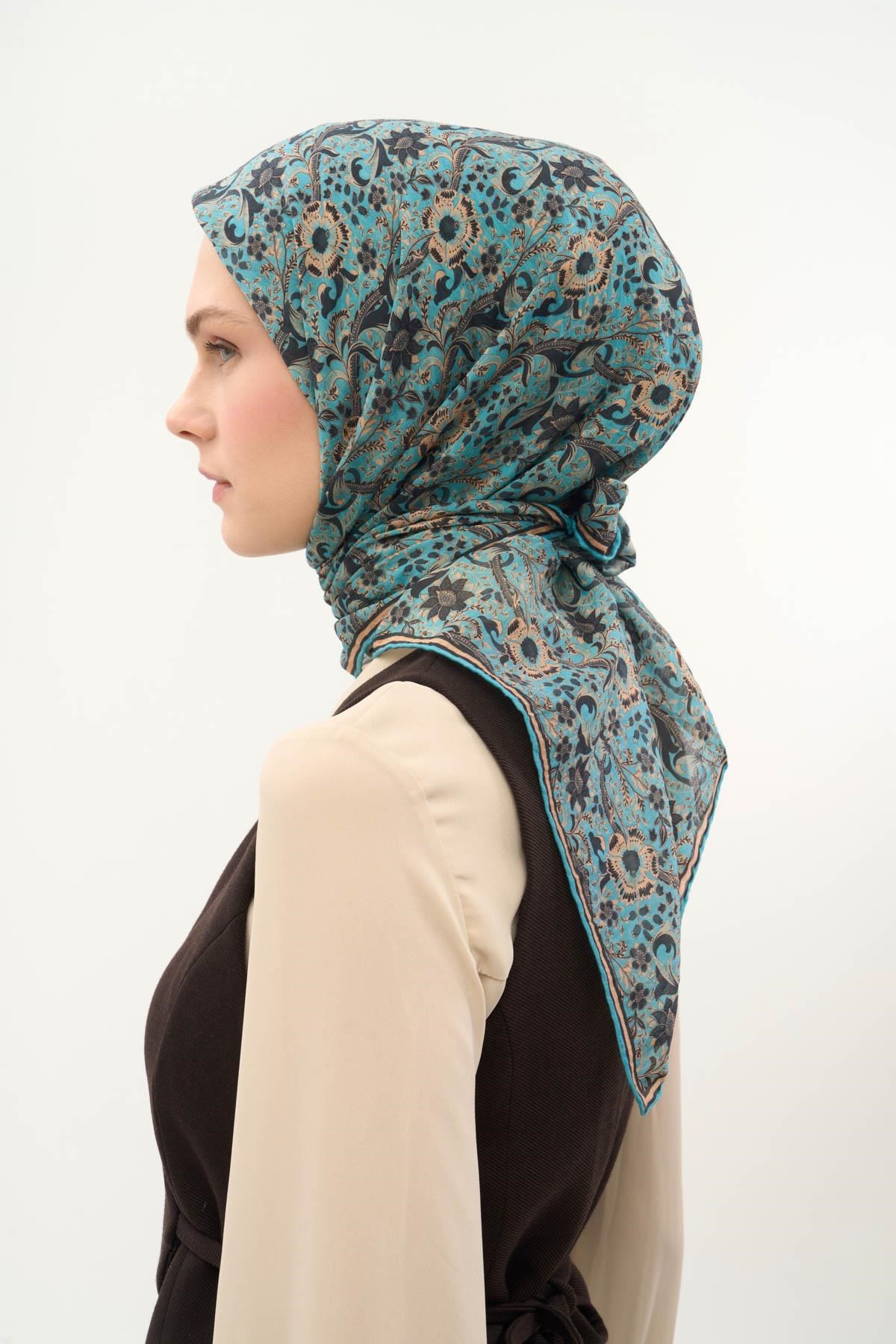 Tencel Monare Eşarp Papatya Desen Gök Mavi 90X90