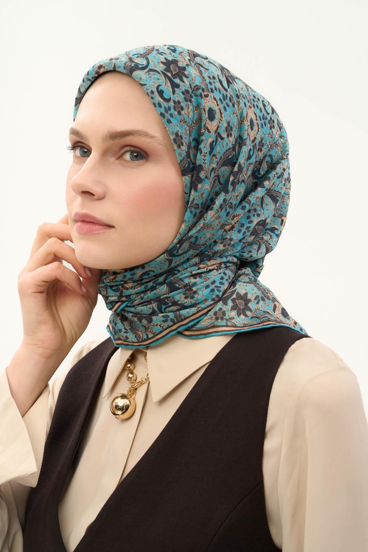 Tencel Monare Eşarp Papatya Desen Gök Mavi 90X90