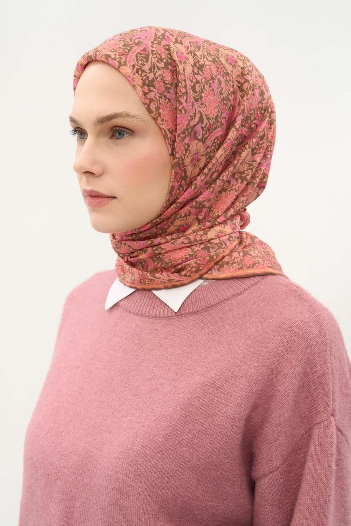 Tencel Monare Eşarp Papatya Desen Haki 90X90