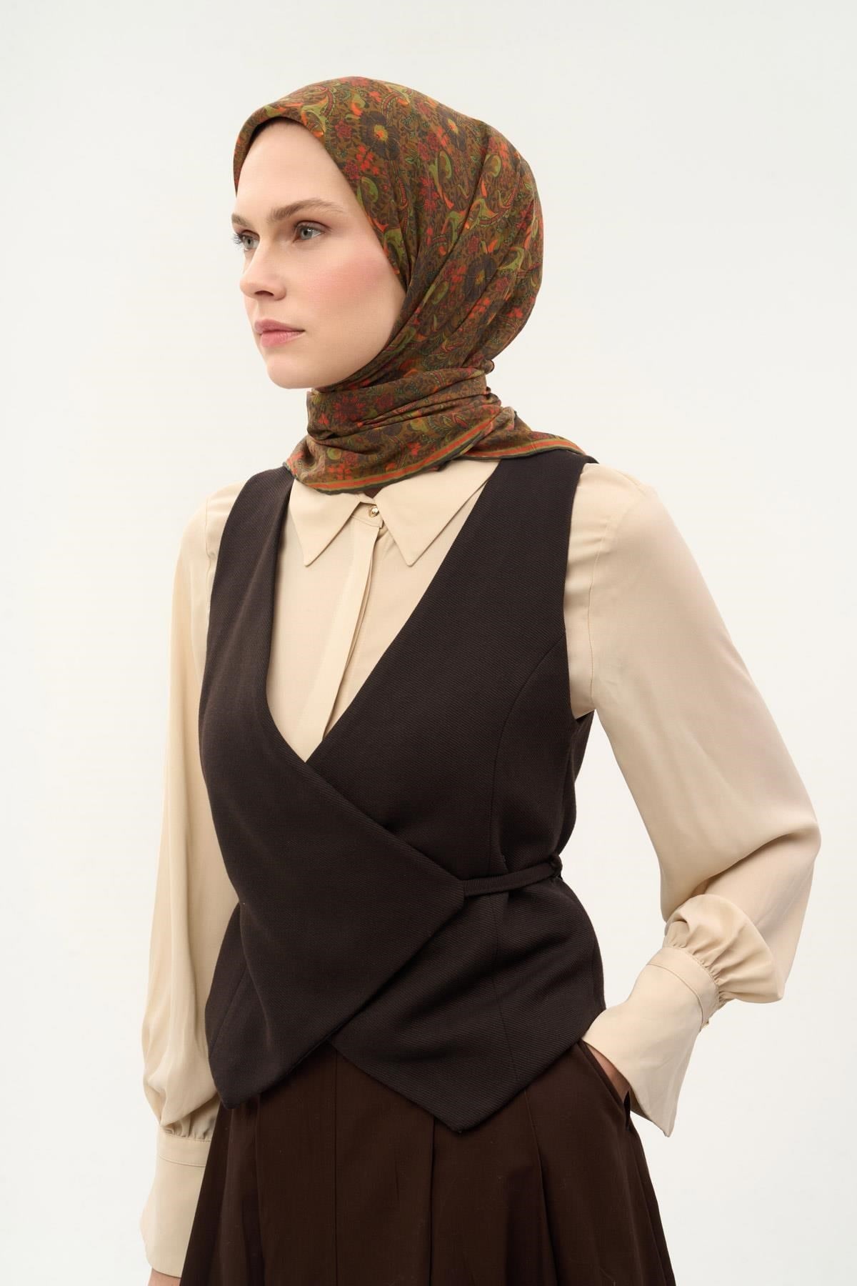 Tencel Monare Eşarp Papatya Desen Kahve Yeşil 90X90