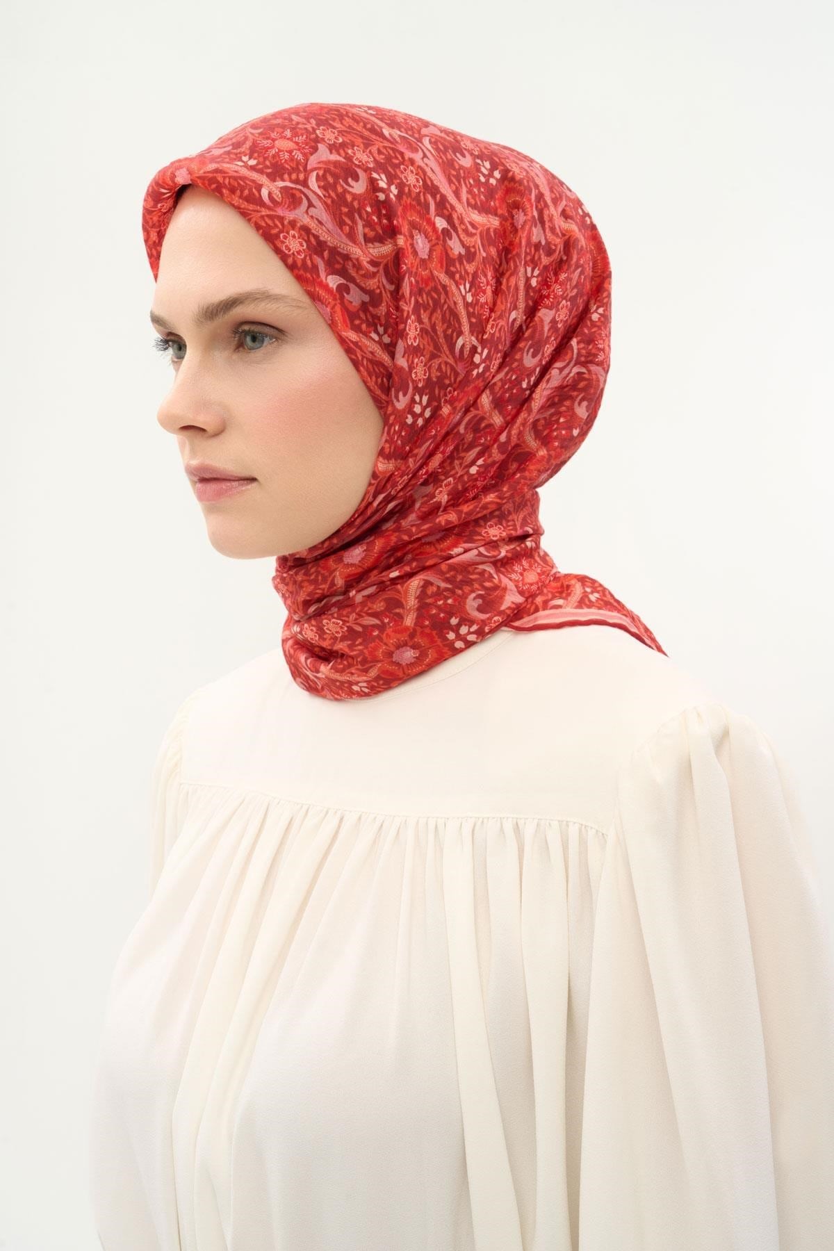 Tencel Monare Eşarp Papatya Desen Koyu Kırmızı 90X90