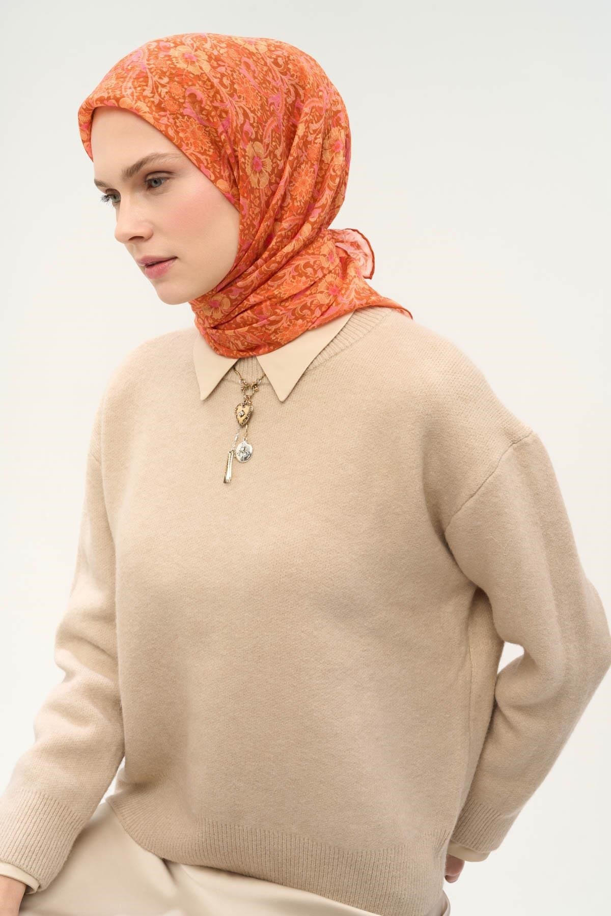 Tencel Monare Eşarp Papatya Desen Koyu Turuncu 90X90