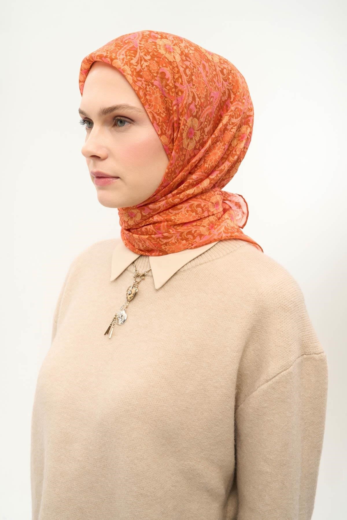 Tencel Monare Eşarp Papatya Desen Koyu Turuncu 90X90