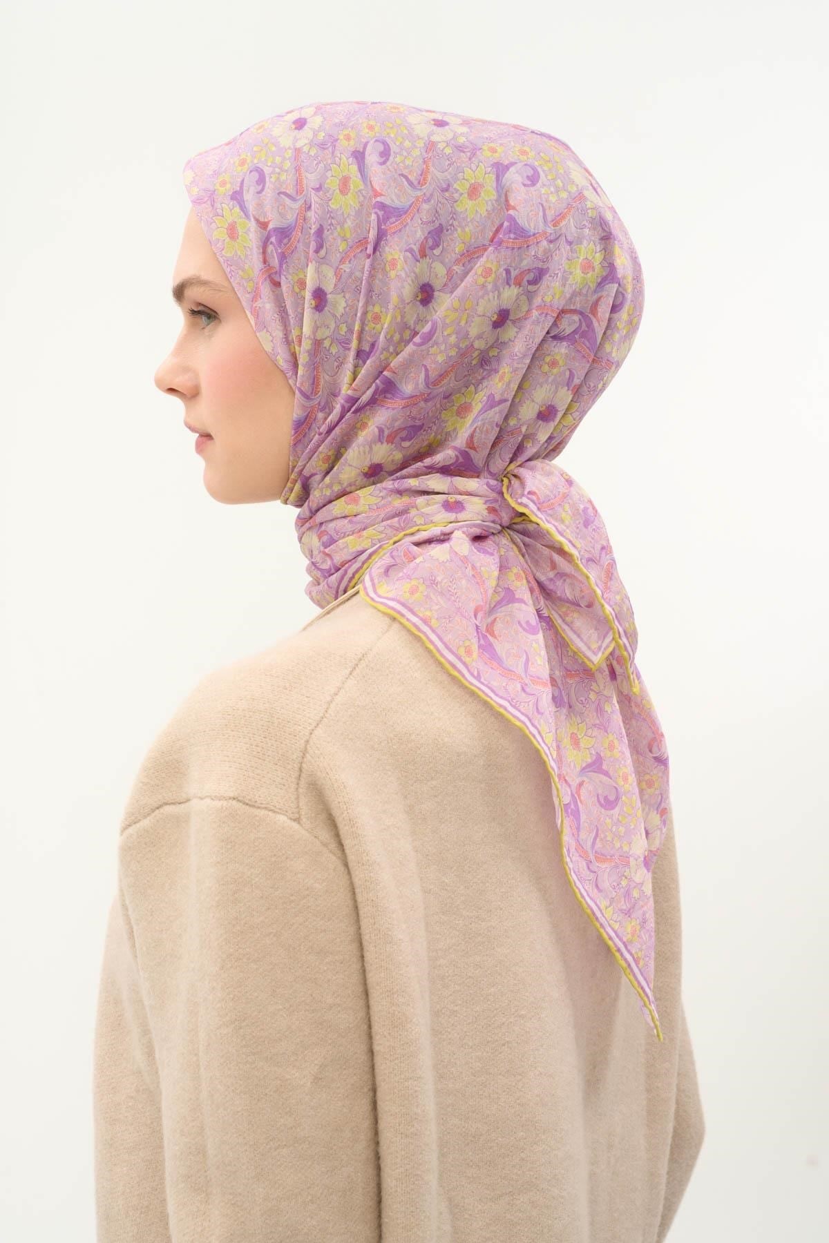 Tencel Monare Eşarp Papatya Desen Lila 90X90
