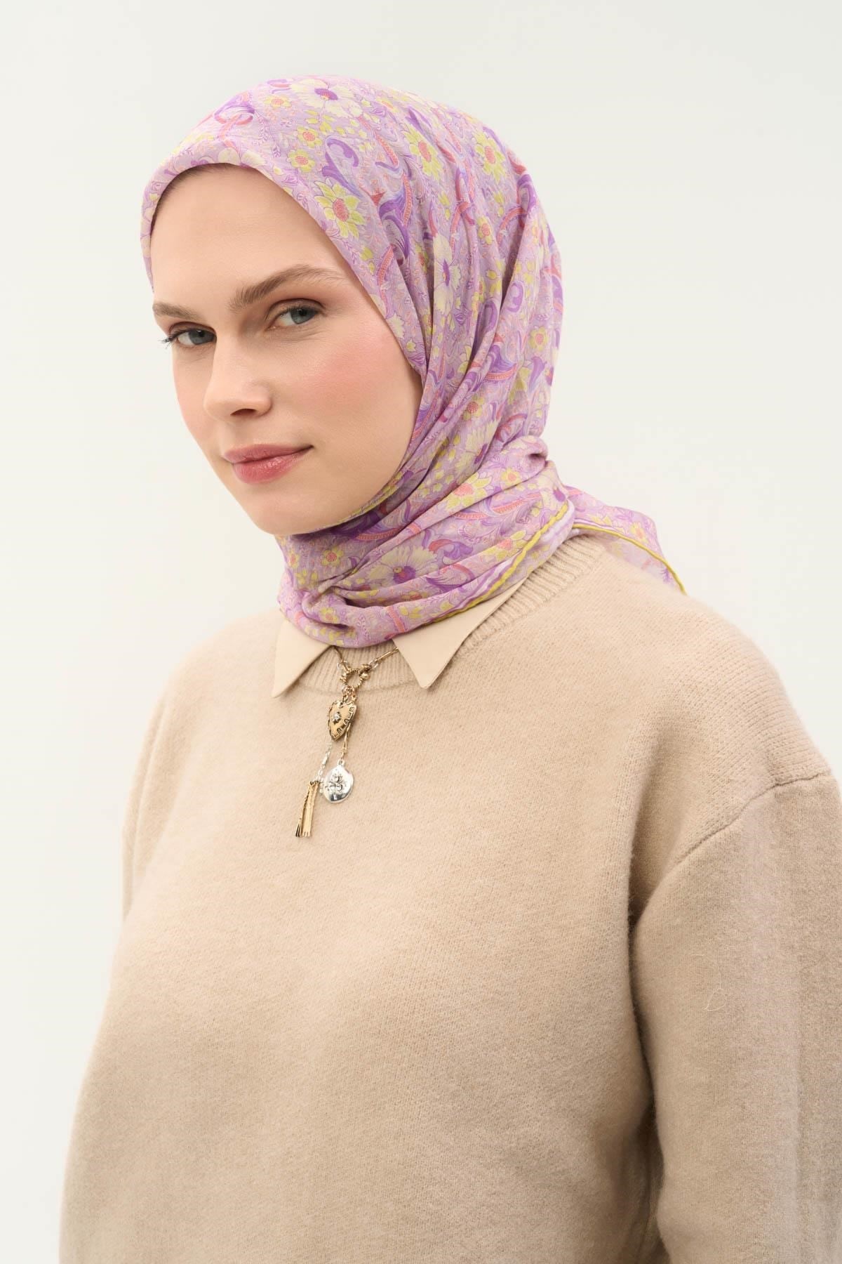 Tencel Monare Eşarp Papatya Desen Lila 90X90