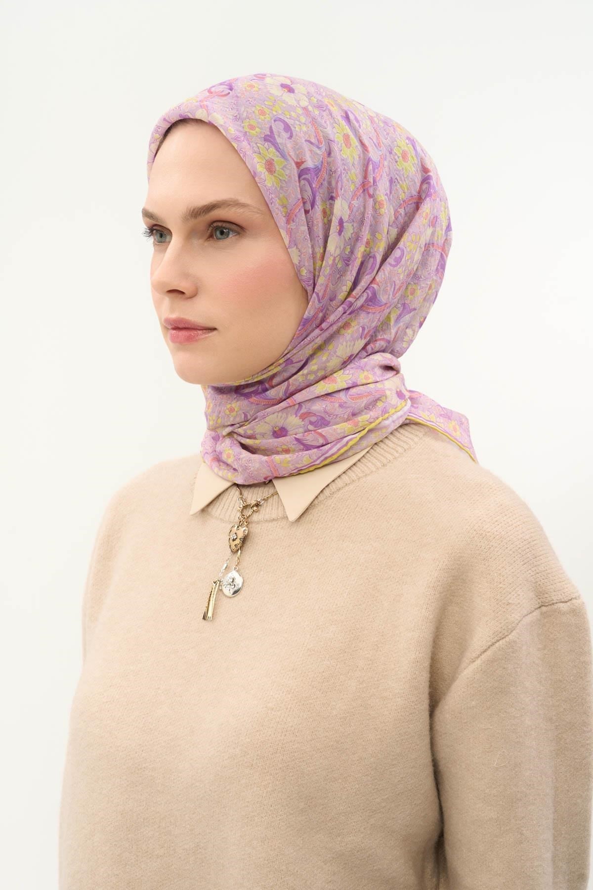 Tencel Monare Eşarp Papatya Desen Lila 90X90