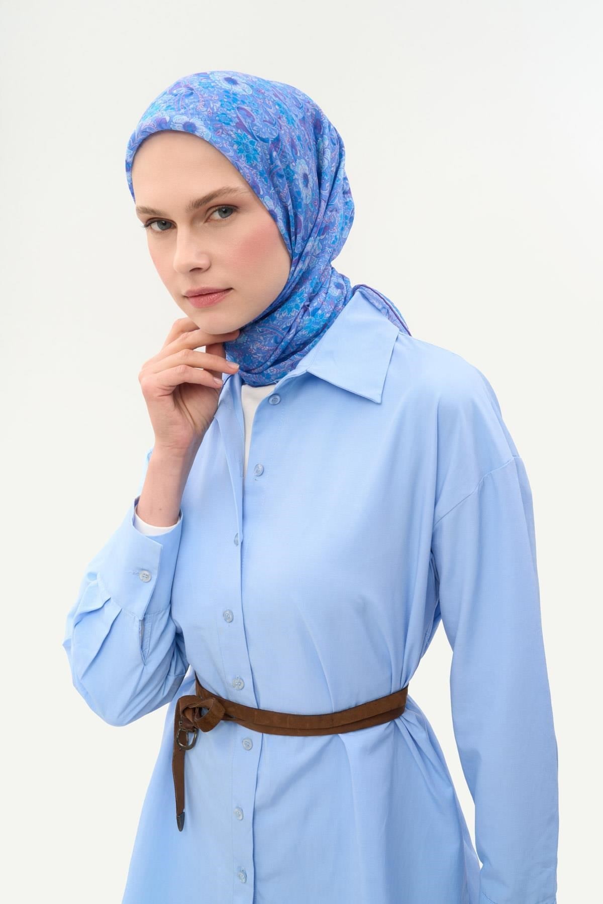 Tencel Monare Eşarp Papatya Desen Mavi Lila 90X90