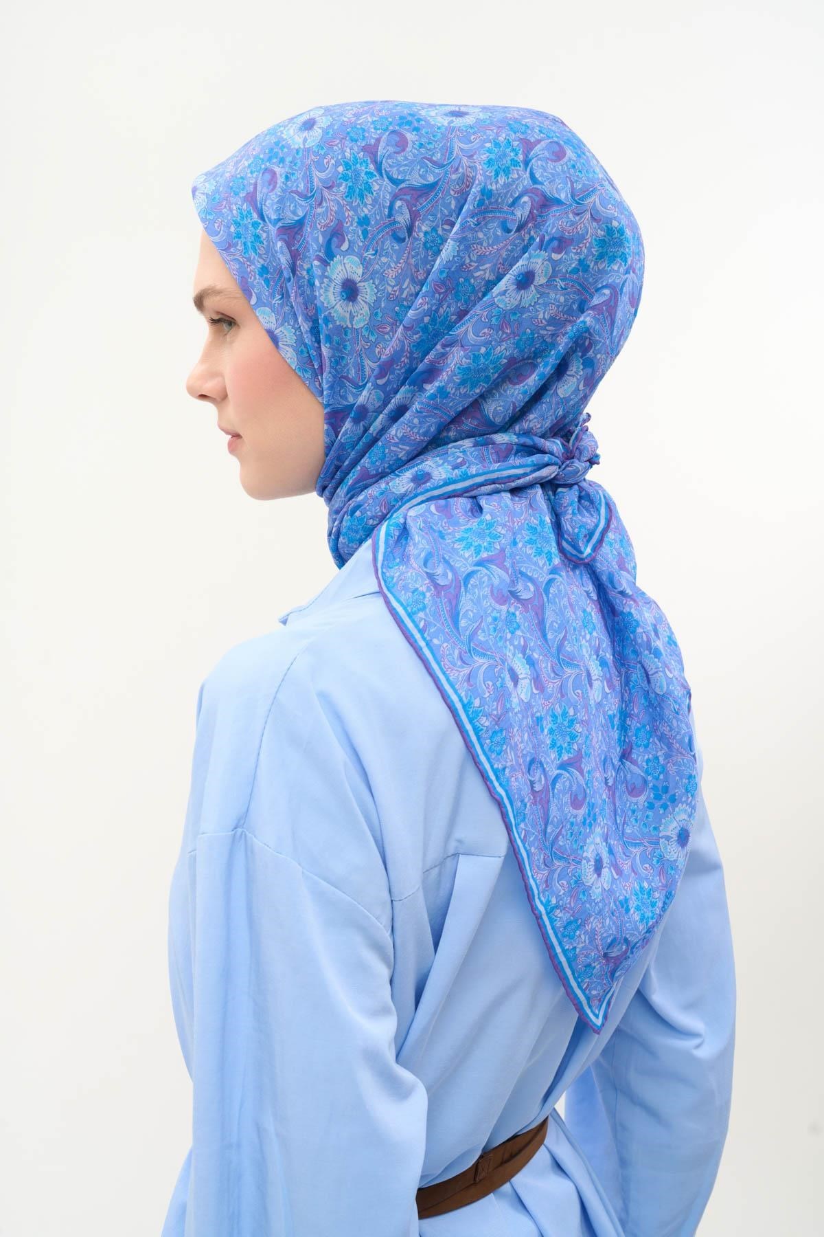 Tencel Monare Eşarp Papatya Desen Mavi Lila 90X90
