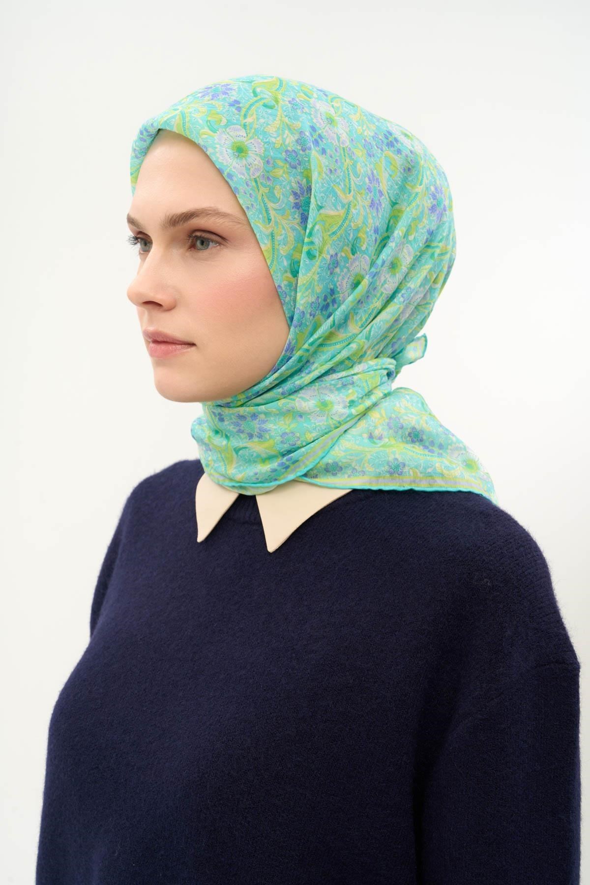 Tencel Monare Eşarp Papatya Desen Turkuaz 90X90