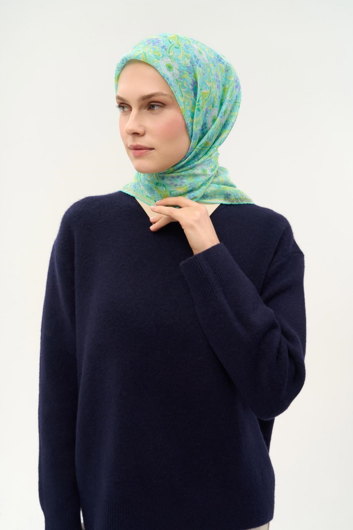 Tencel Monare Eşarp Papatya Desen Turkuaz 90X90
