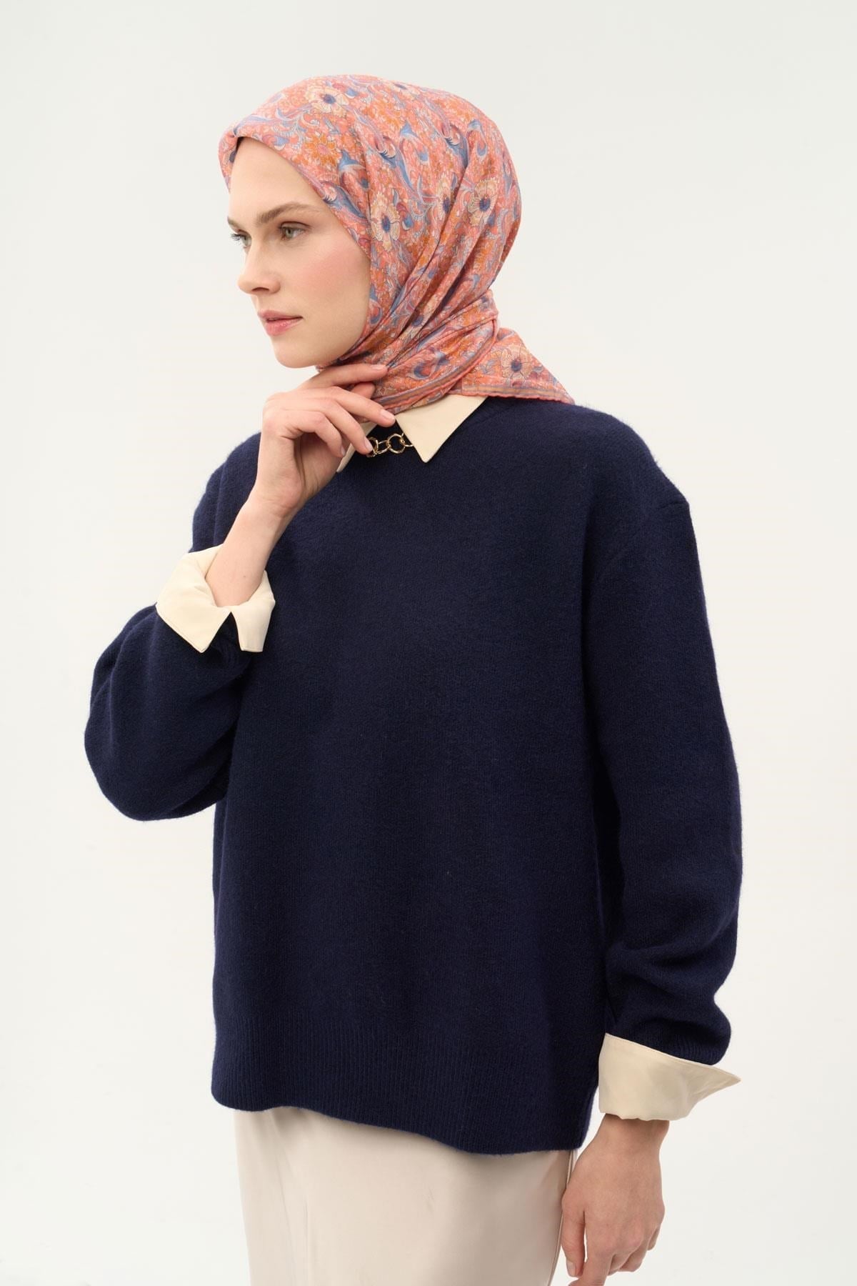 Tencel Monare Eşarp Papatya Desen Turuncu Somon 90X90