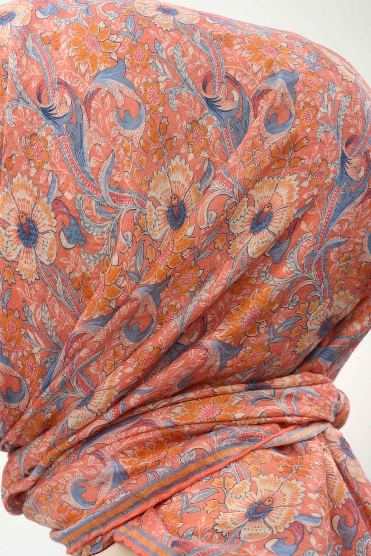 Tencel Monare Eşarp Papatya Desen Turuncu Somon 90X90