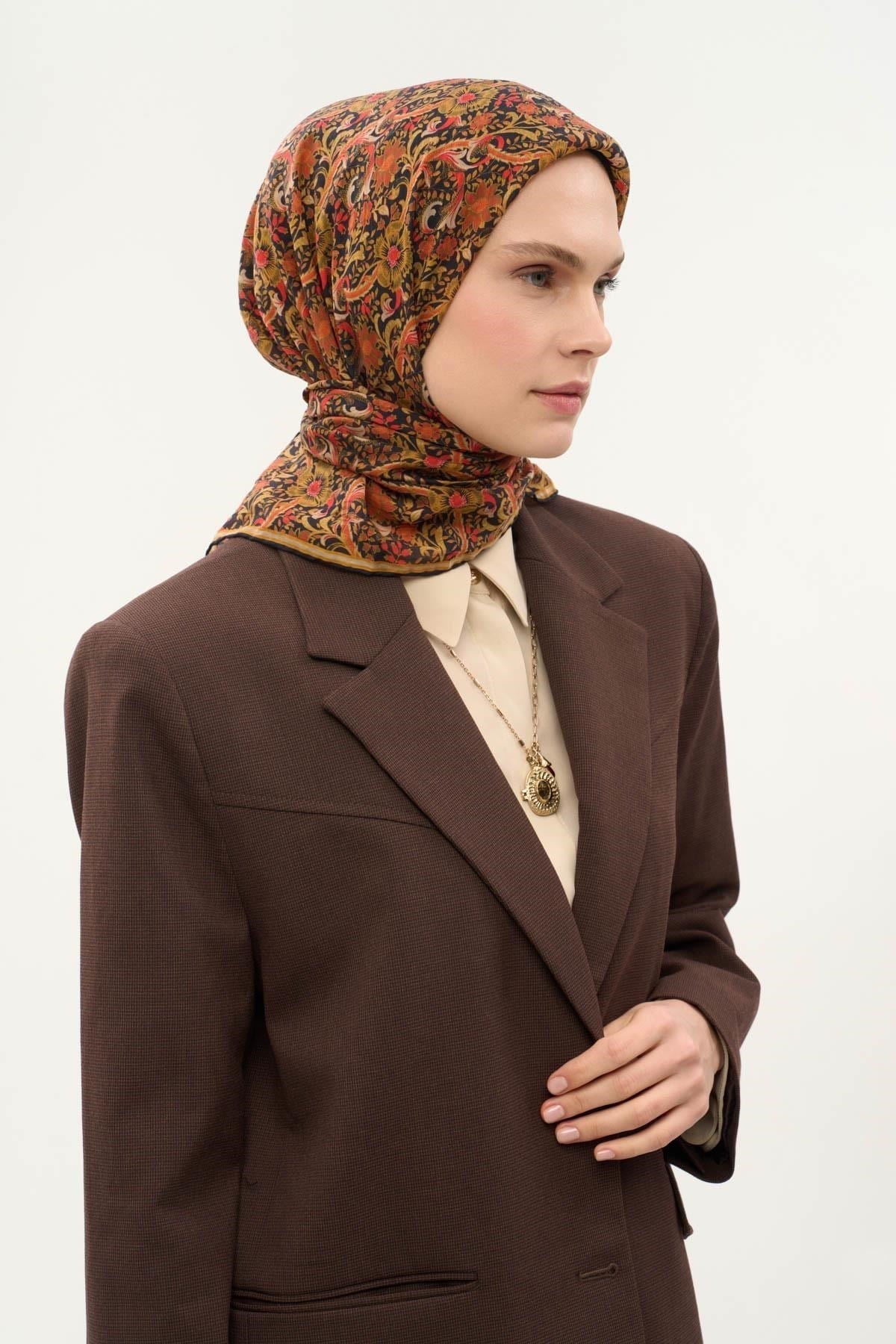 Tencel Monare Eşarp Papatya Desen Yağ Yeşili 90X90