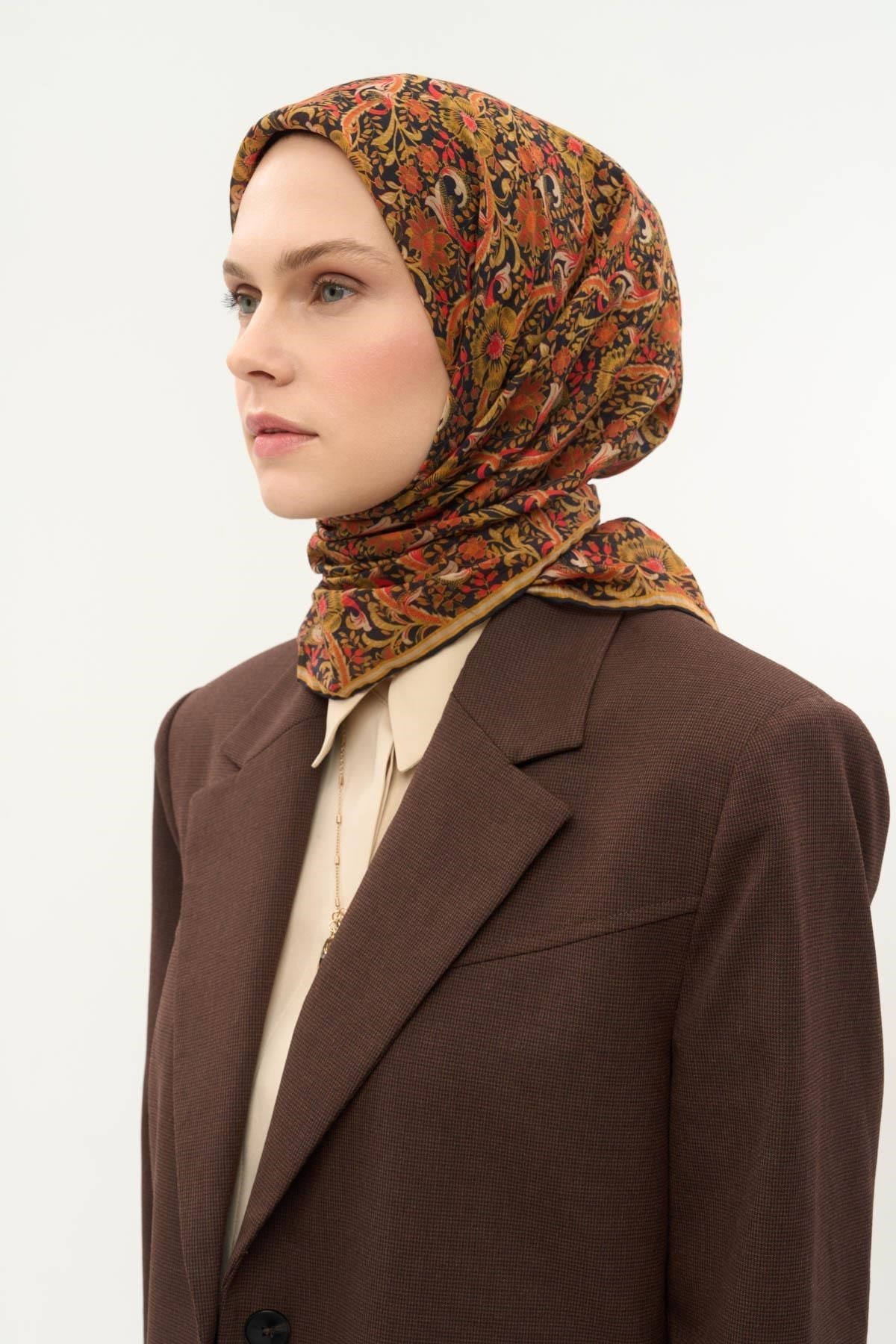 Tencel Monare Eşarp Papatya Desen Yağ Yeşili 90X90