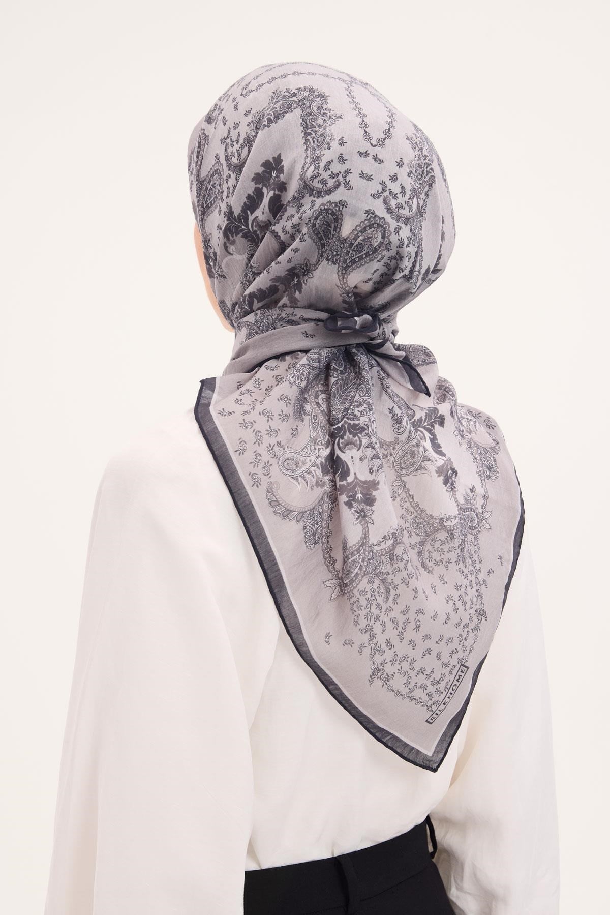 Tencel Monare Eşarp Şal Desen Açık Gri 90x90