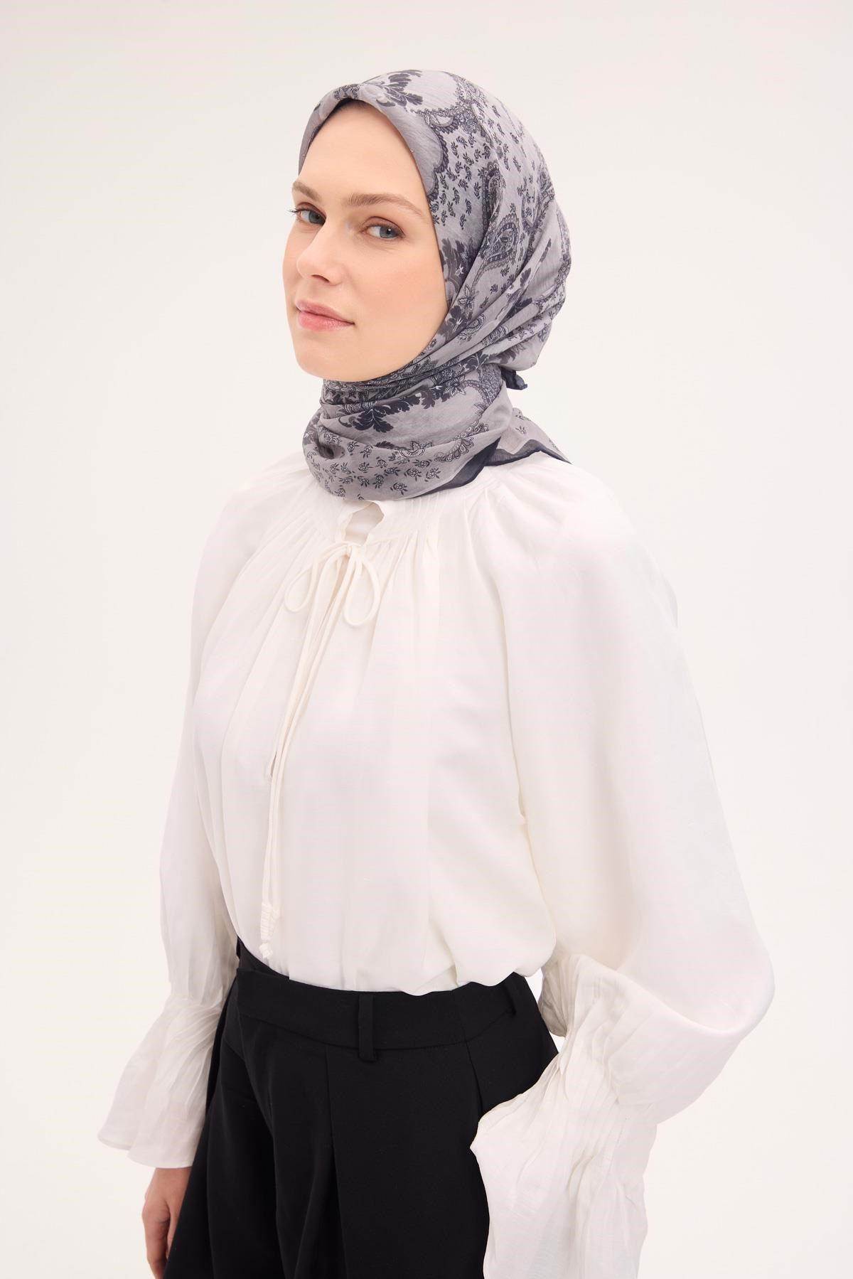 Tencel Monare Eşarp Şal Desen Açık Gri 90x90