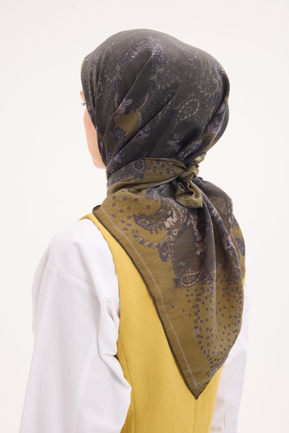 Tencel Monare Eşarp Şal Desen Asker Yeşili 90x90