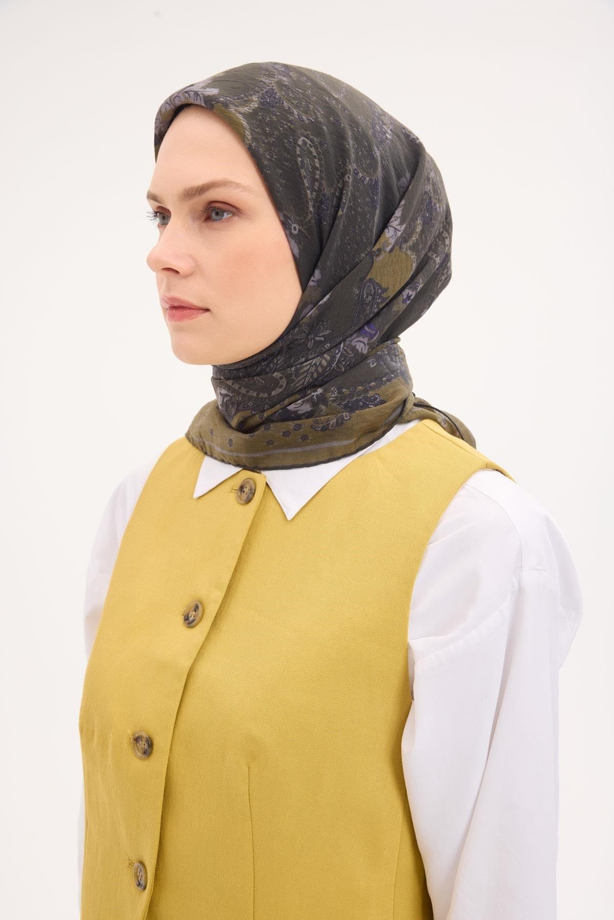 Tencel Monare Eşarp Şal Desen Asker Yeşili 90x90