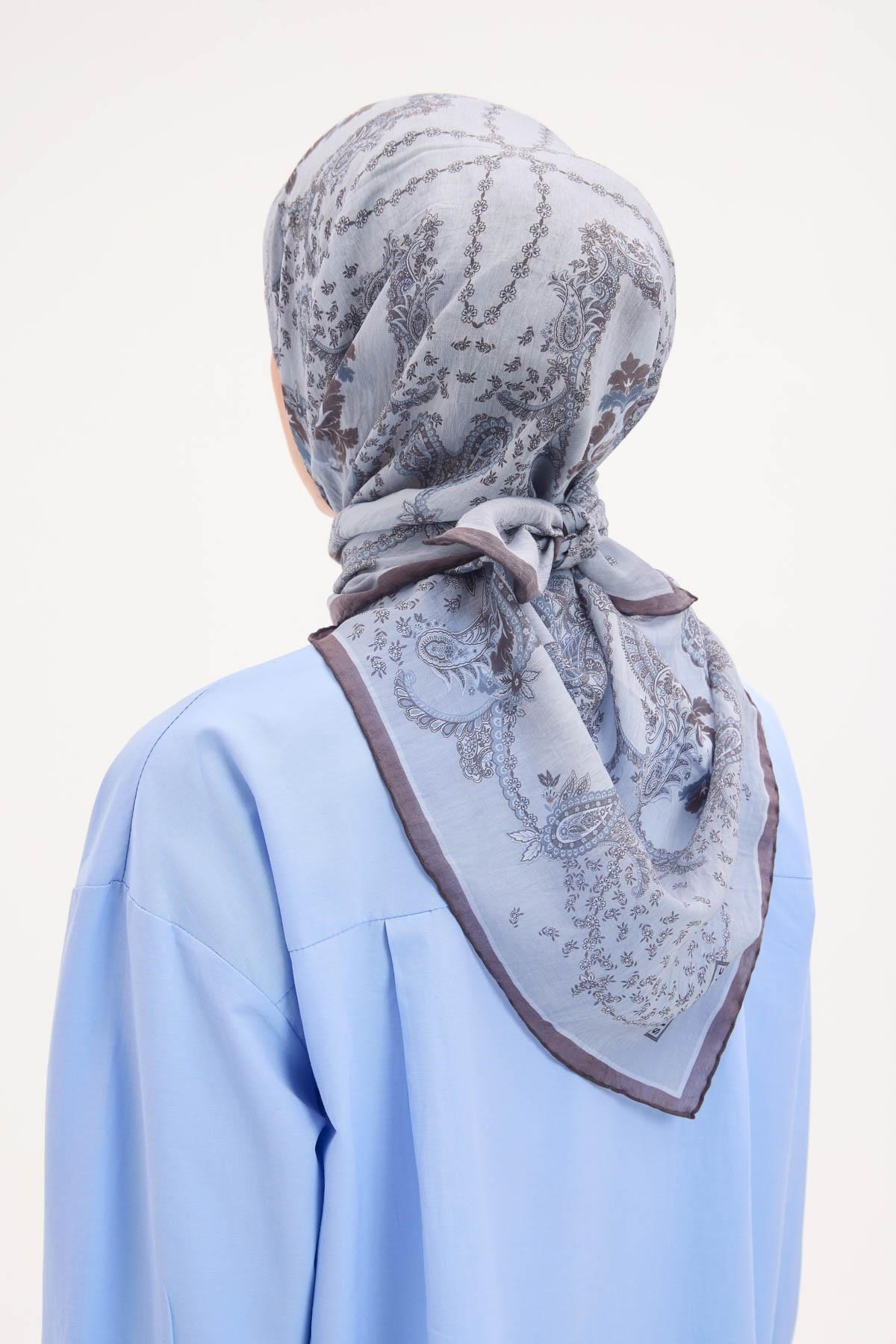 Tencel Monare Eşarp Şal Desen Buz Mavi 90x90
